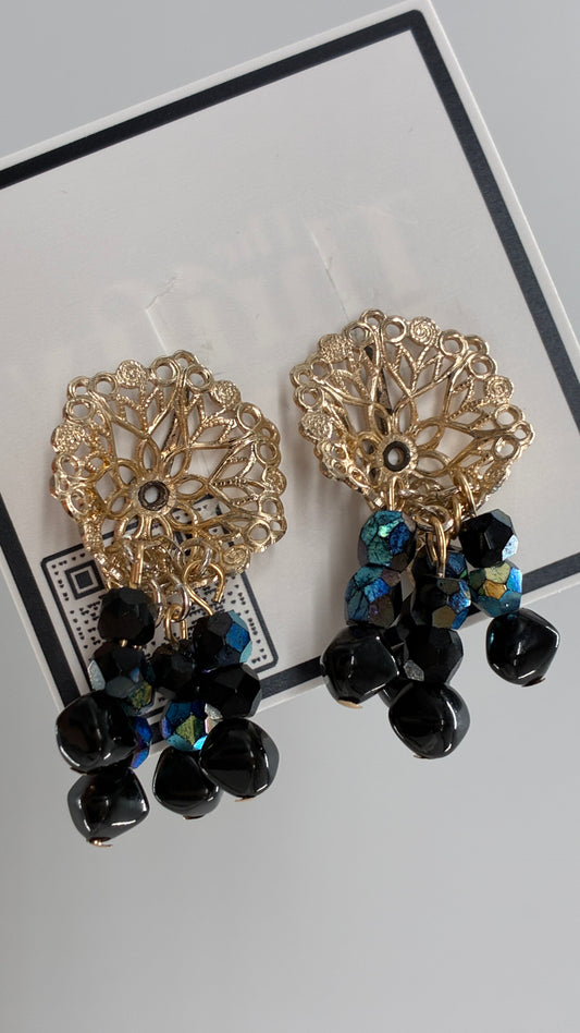Vintage Gold Webbed Earring with Iridescent Beaded Tassels