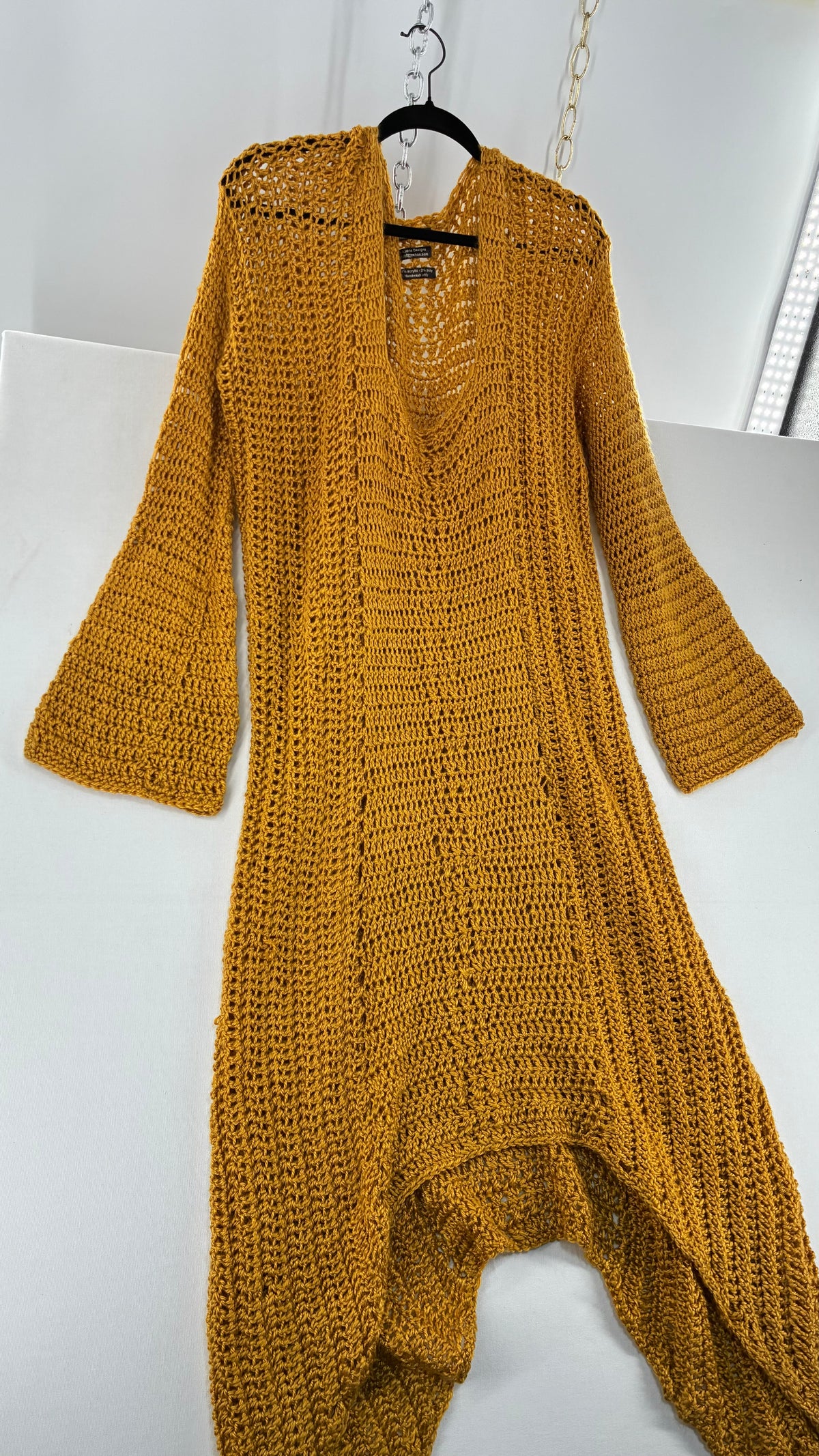 Vintage AUDRIE DESIGNS Mustard Crochet Bell Sleeve Duster Sweater Gown, Hand Knit  (OS)