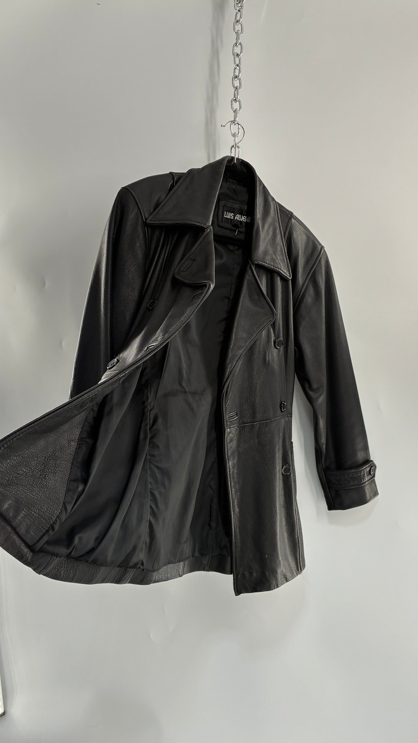 Vintage LUIS ALVEAR Thick Genuine Leather Black Trench Style Jacket (XS)