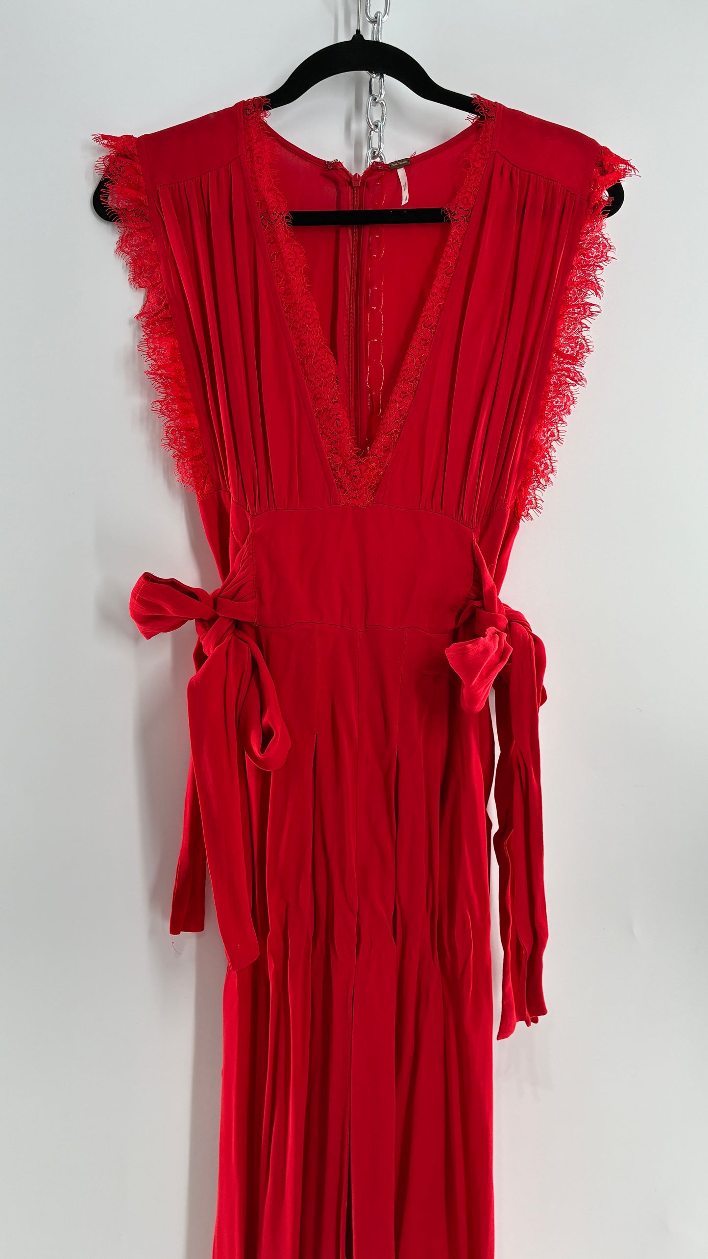 Free People Red Jumpsuit with Waist Ties and Scalloped Lace Details (2)