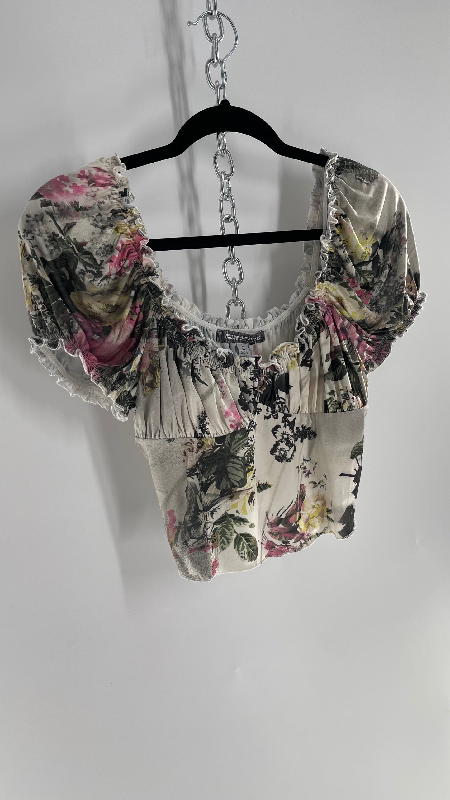 Urban Outfitters Slinky Vintage Inspired Graphic Florals and Milkmaid Style Top (Large)