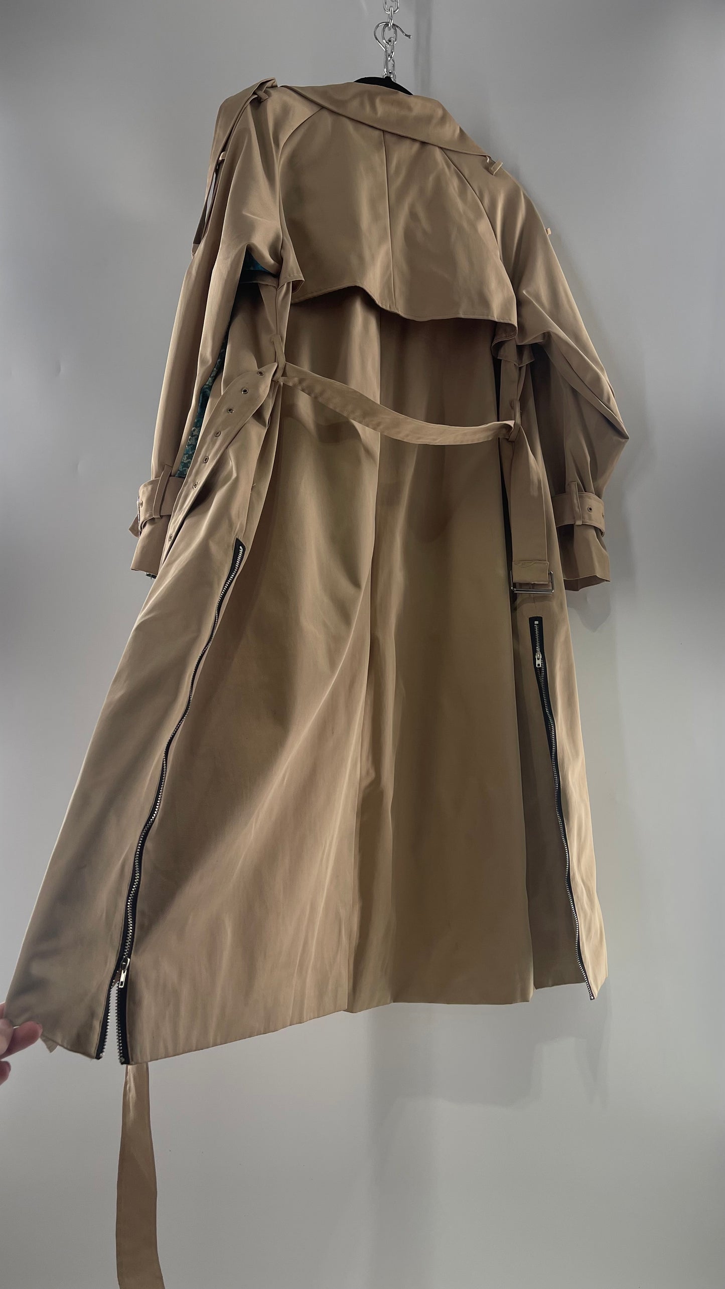 Tan Belted, Double Breasted Trench Coat with Plaid Colorful Graphics and Contrasting Black Zippers (C)(M)