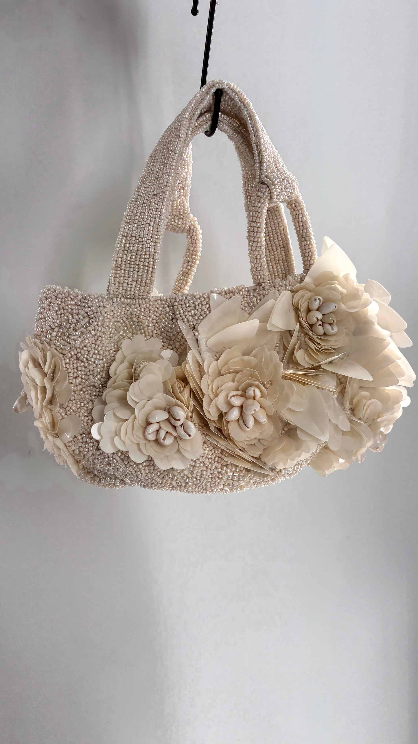 Beaded Off White Purse with Sequin and Shell Flowers