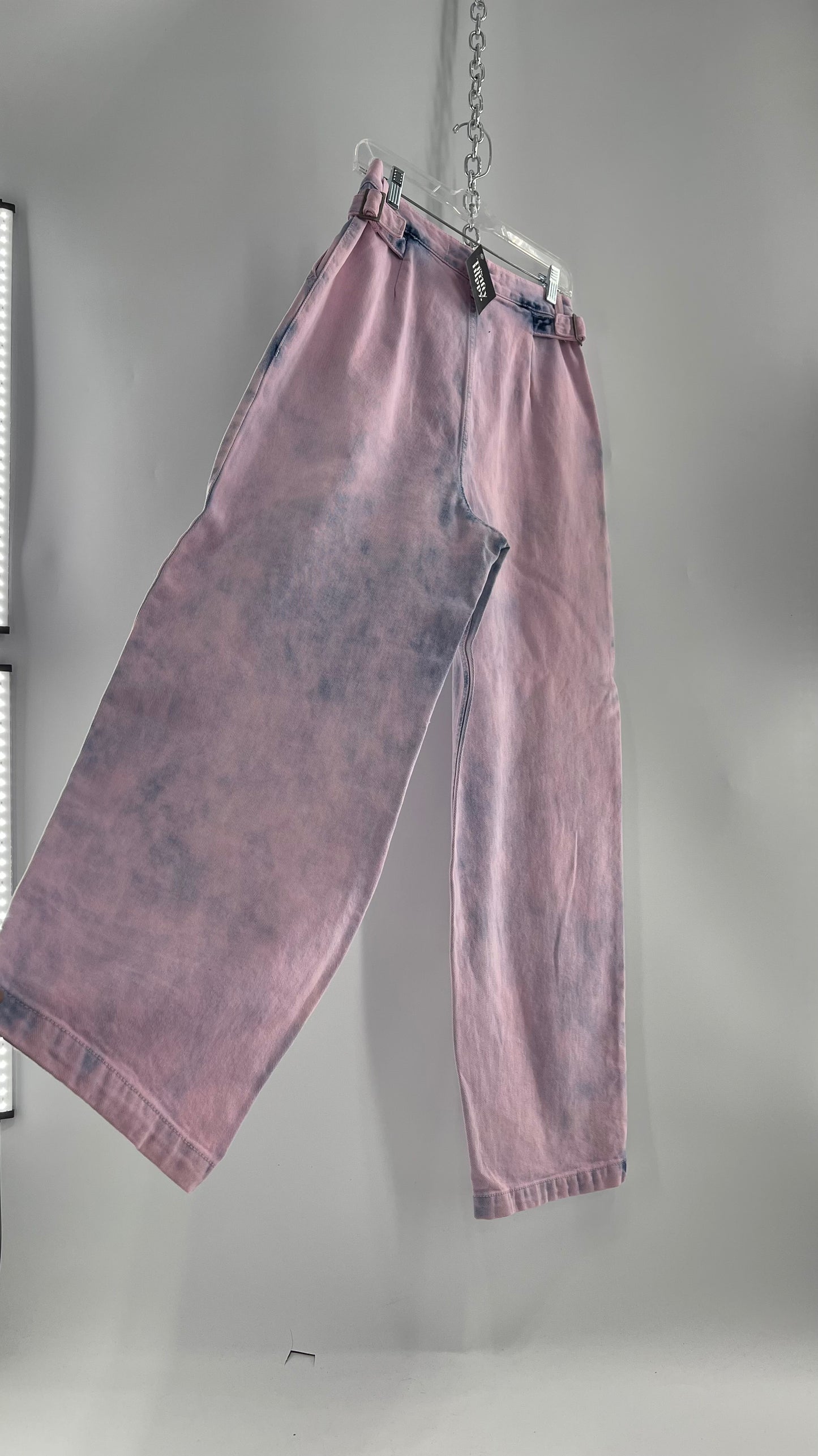 The Open Product Pink/Blue Acid Wash Jeans with Waist Pulls and Pleats  (1)