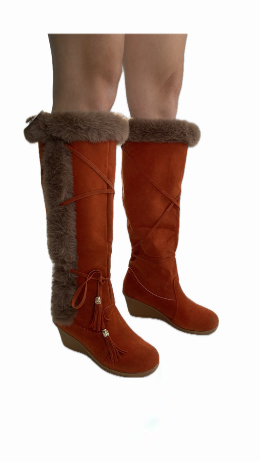 Faux Suede Lace Up Orange Wedge Boots with Faux Fur (37)