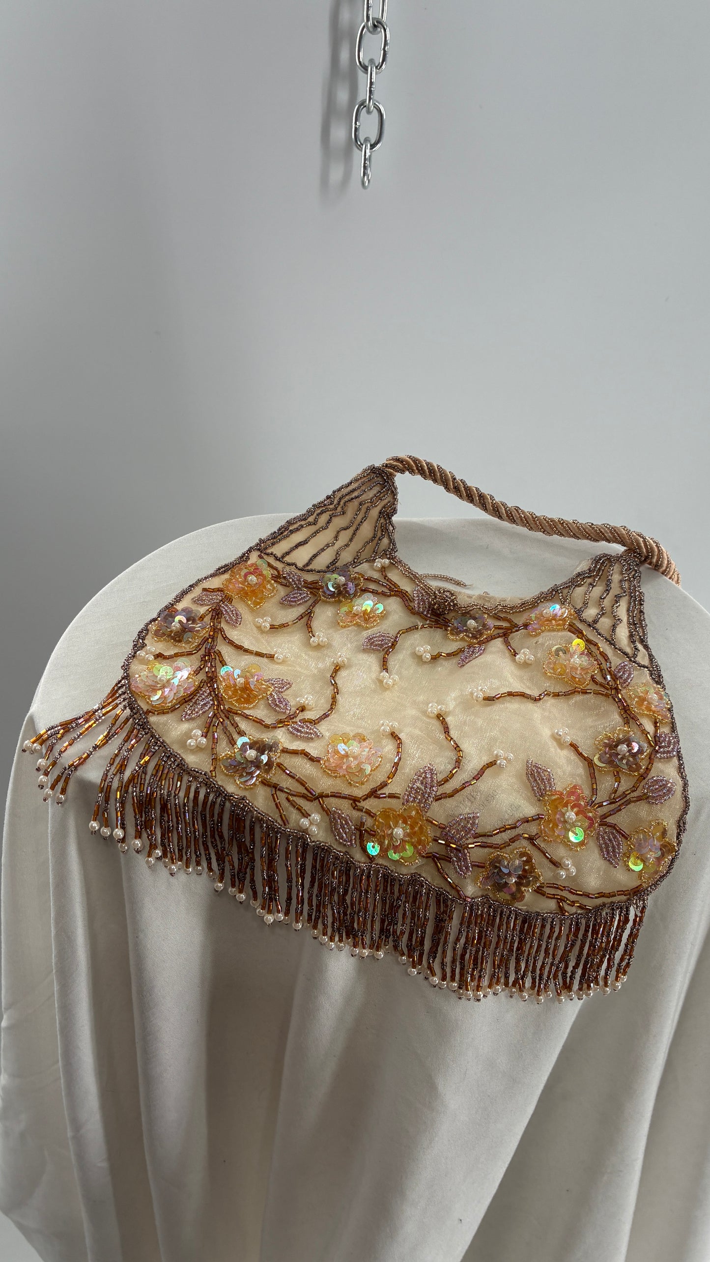 Vintage Deadstock Beige Beaded Fringe Purse with Embroidered Beaded Florals