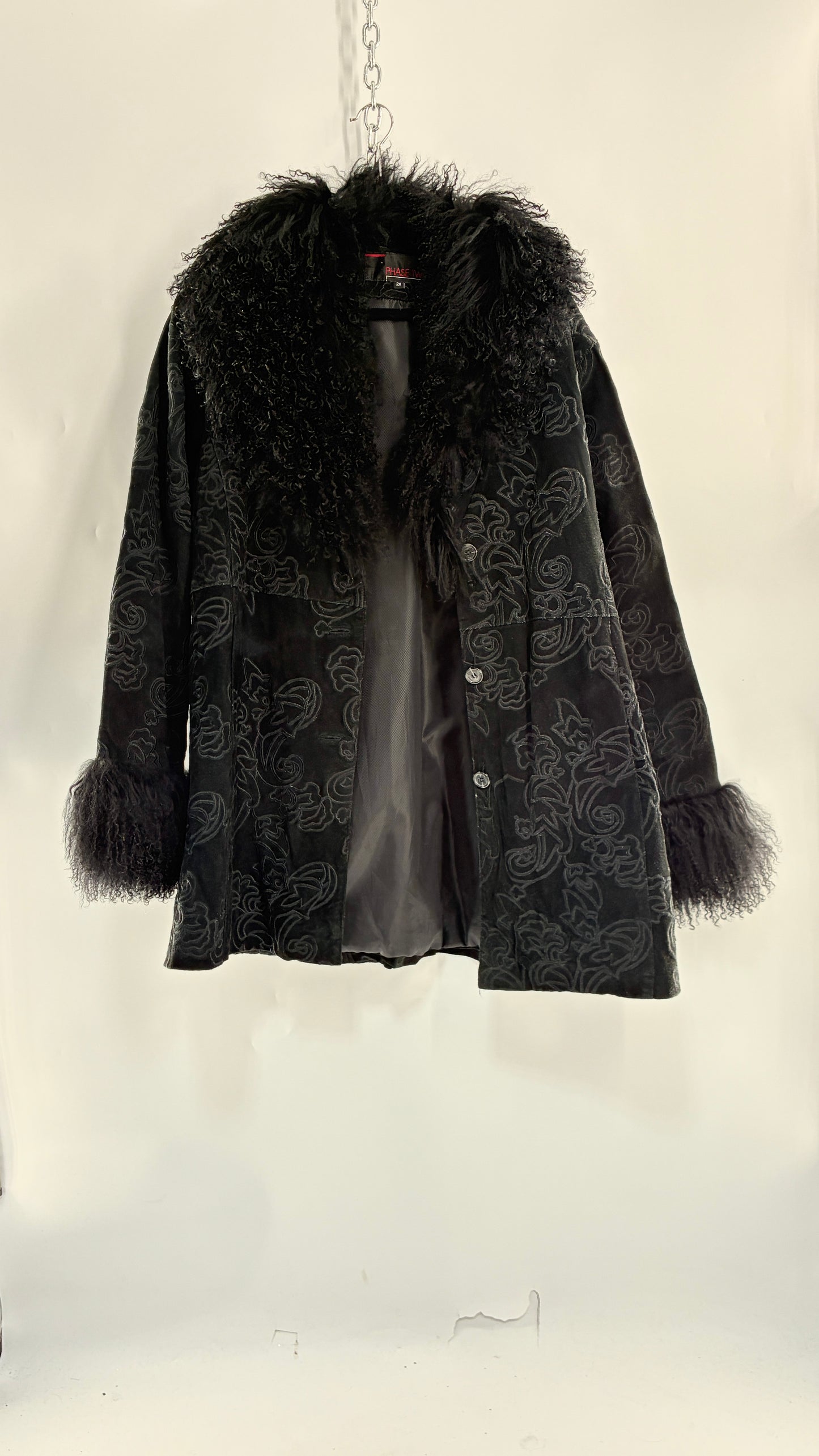Vintage PHASE TWO Embroidered Black Genuine Suede Leather Coat with Mongolian Fur Collar and Cuffs (XXL)
