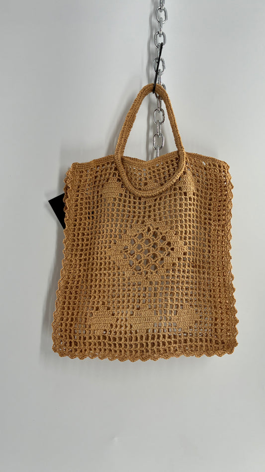 Vintage Macrame Round Handle Straw Tote