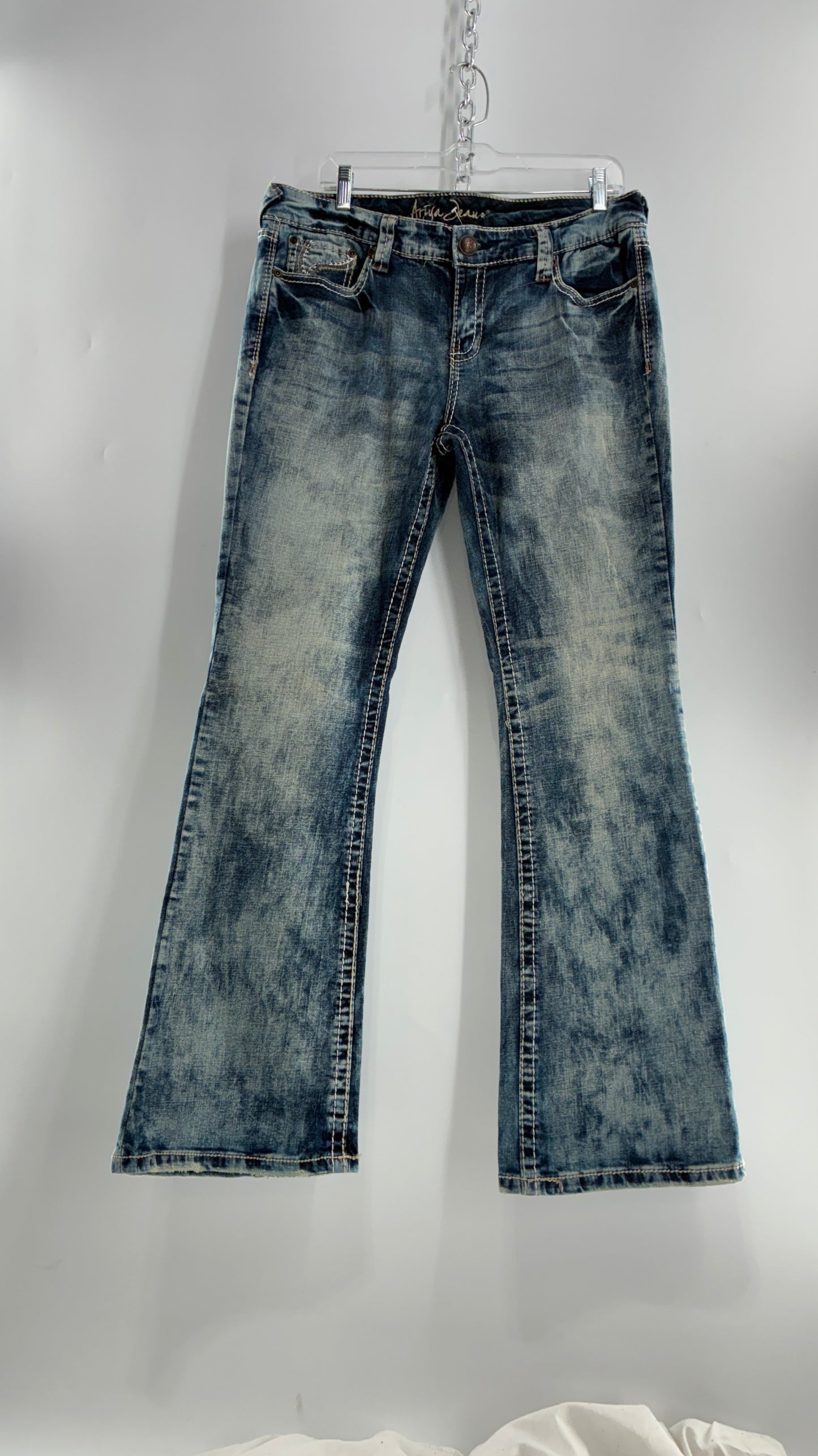 Vintage ARIYA JEANS Acid Washed Kick Flares with Embroidered Pockets (15/16)