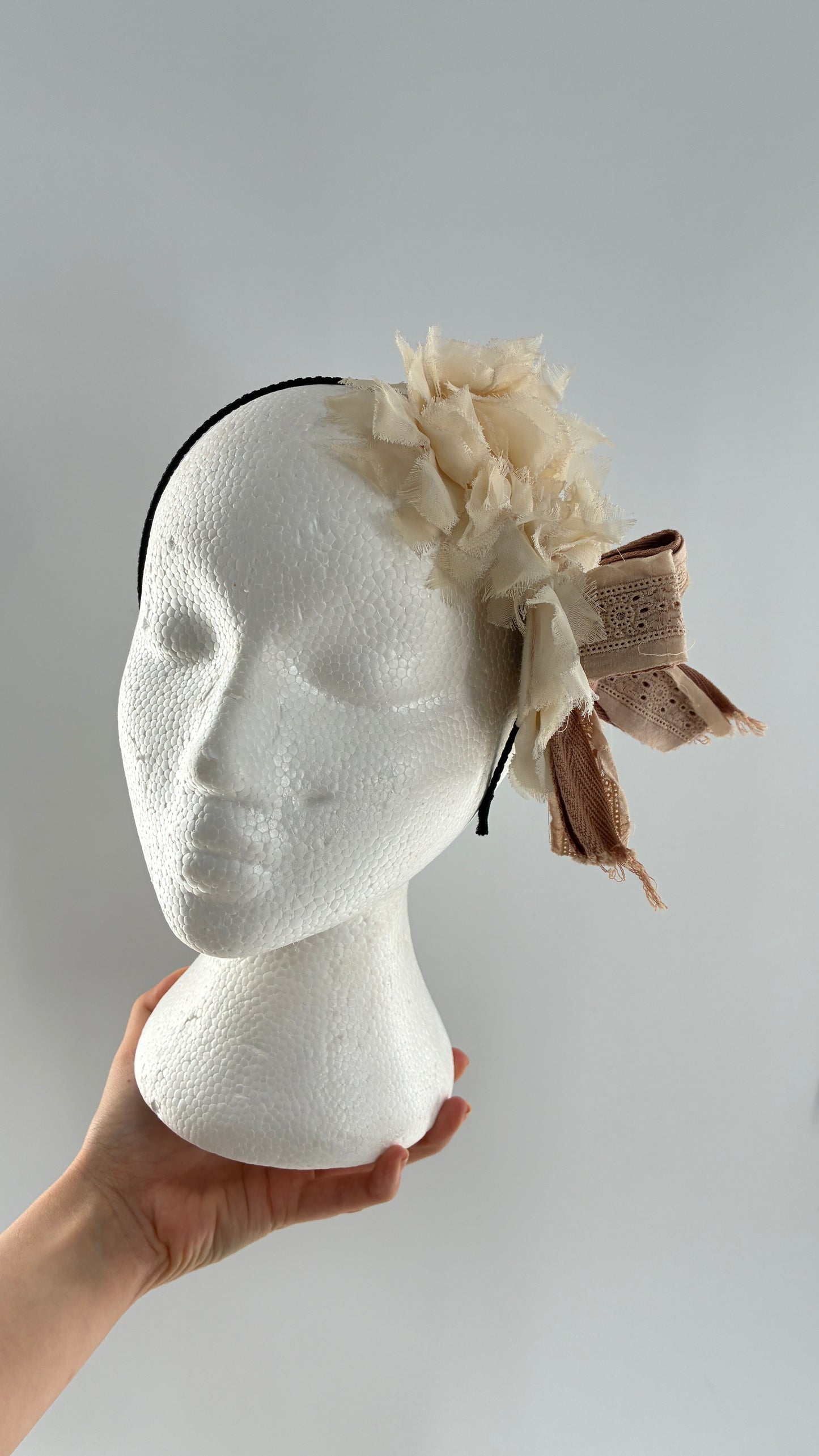 Vintage FARMER Handmade Headband with Ribbon and Flower Appliqués