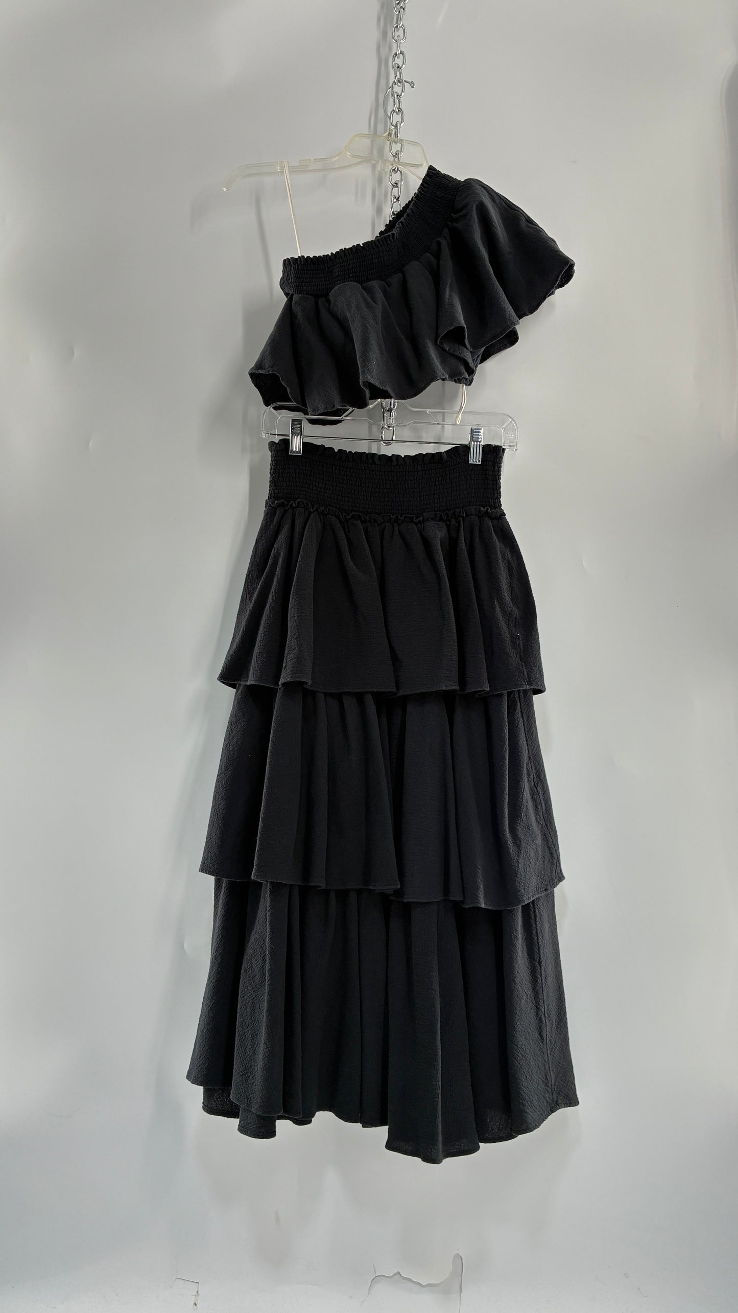 Free People Black Ruffled One Shoulder Top and Ruffled Full Length Skirt Set (XS/S)