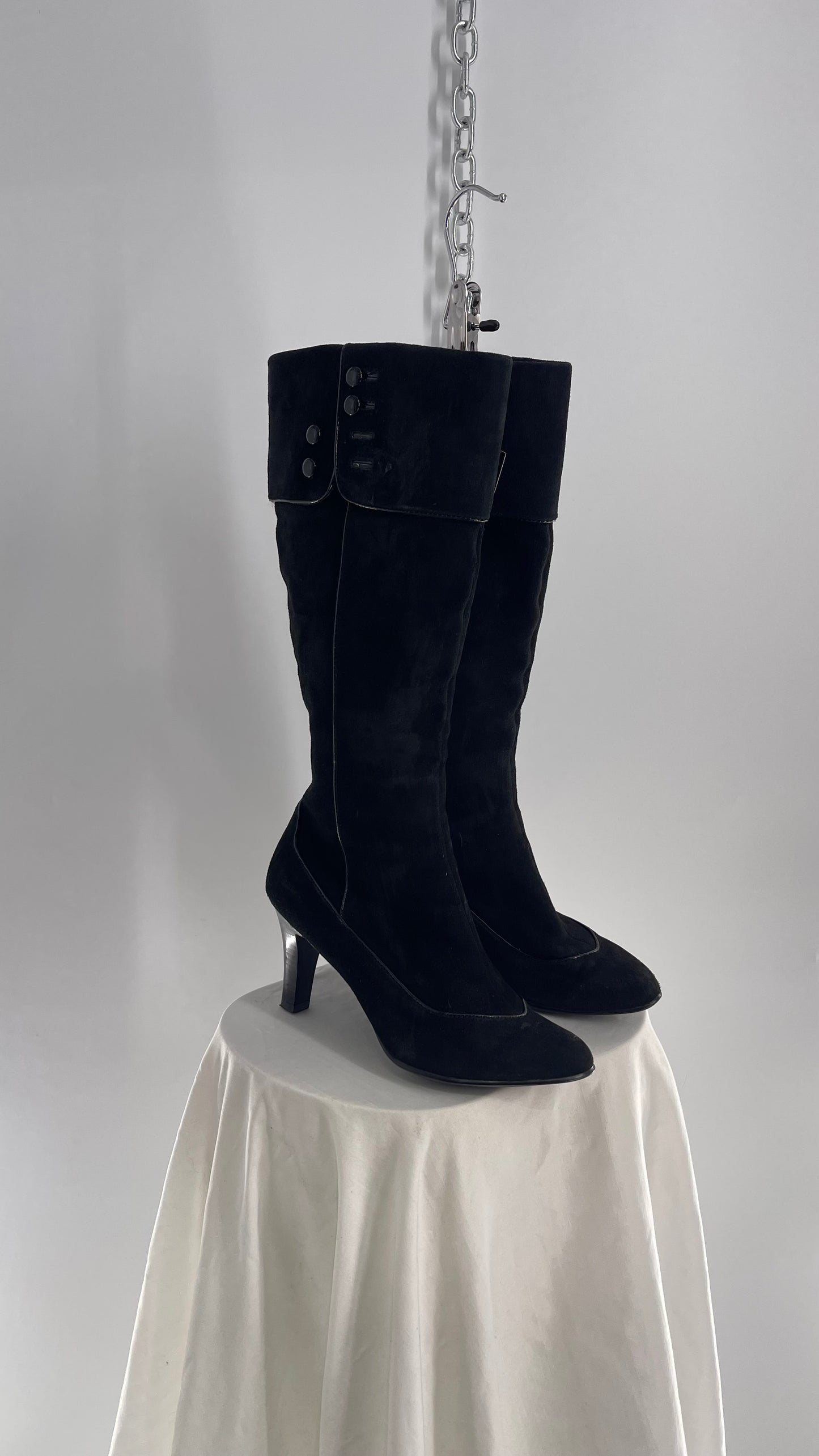 Vintage Soft Black Suede Leather Boots with Piping and Button Details (6)