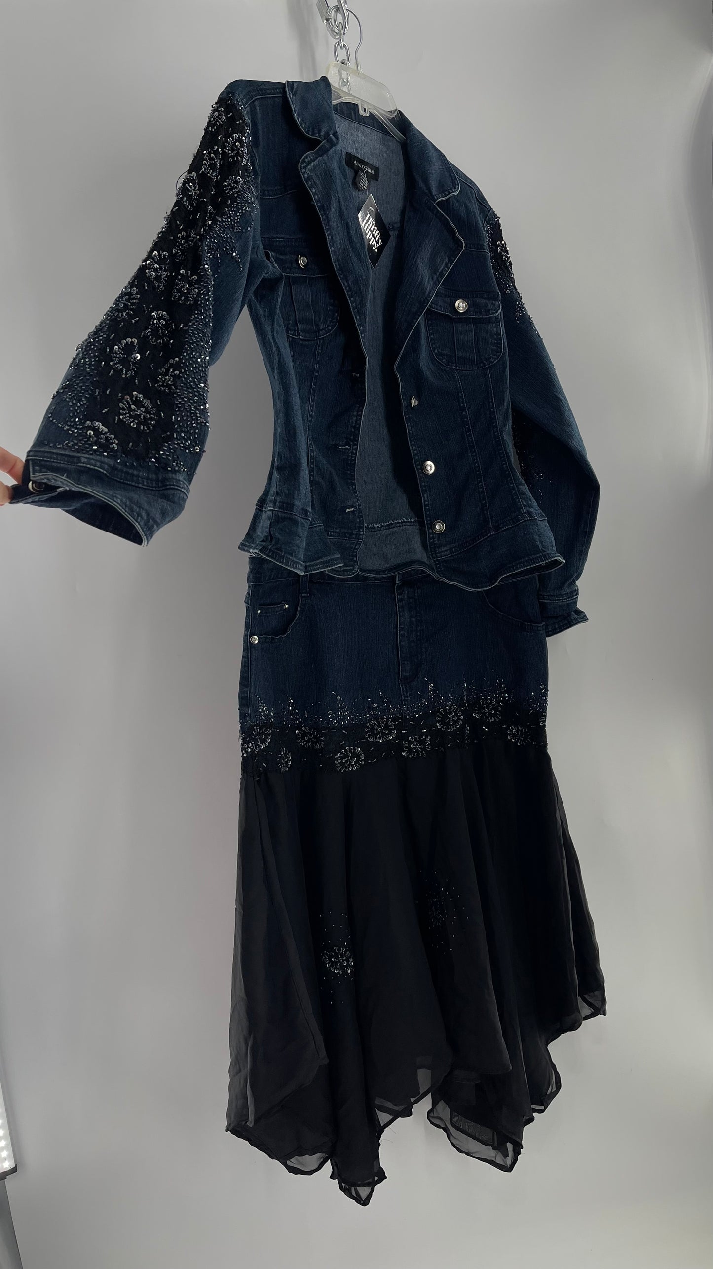 Vintage Ashley Stewart Denim Skirt and Button Up Set with Black Embroidered and Beaded Lace Details + Handkerchief Skirt (16W)