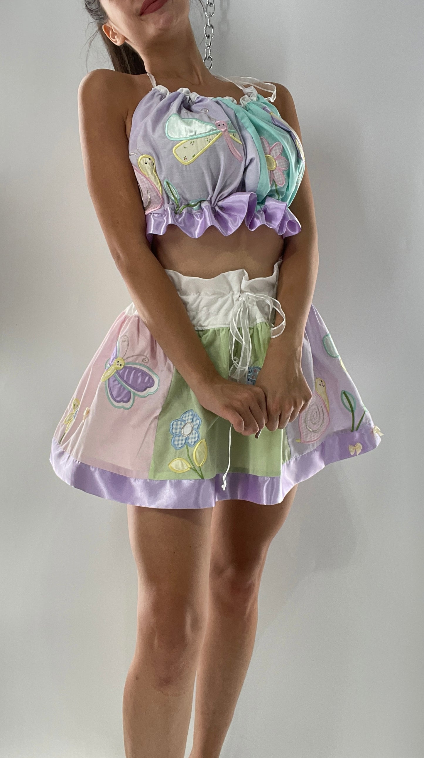 Vintage Custom 2piece Garden Gal Set Covered in Patchwork Butterflies, Dragonflies, Flowers, Snails and Pastels (One Size Fits Most)