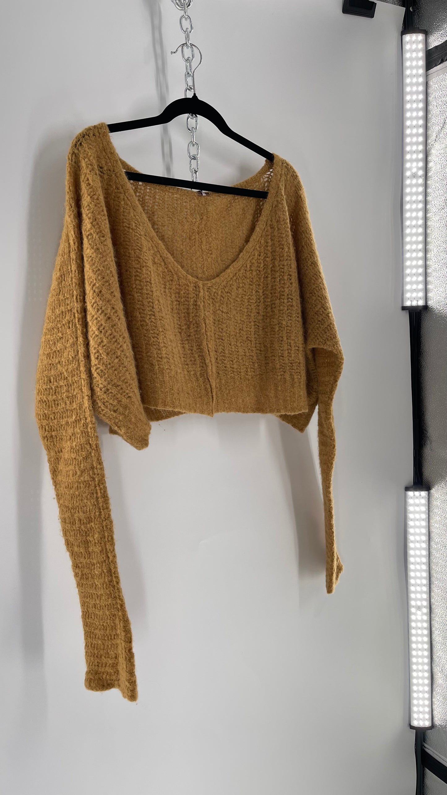 Free People Mustard Knit Cropped Sweater (XS) 88% Alpaca Fur