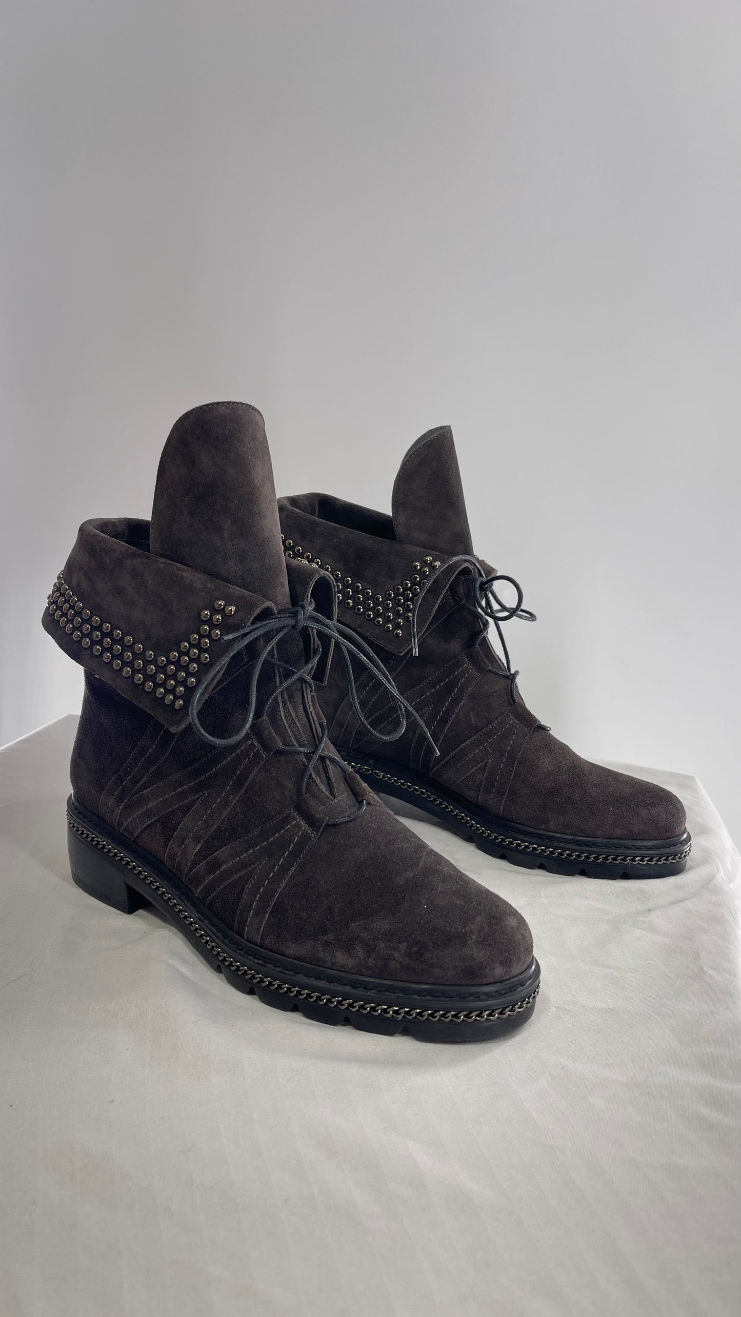 Stuart Weitzman Yadastud Grey Suede Leather Studded, Chainlink Boots (8)