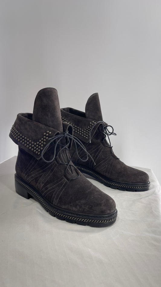 Stuart Weitzman Yadastud Grey Suede Leather Studded, Chainlink Boots (8)