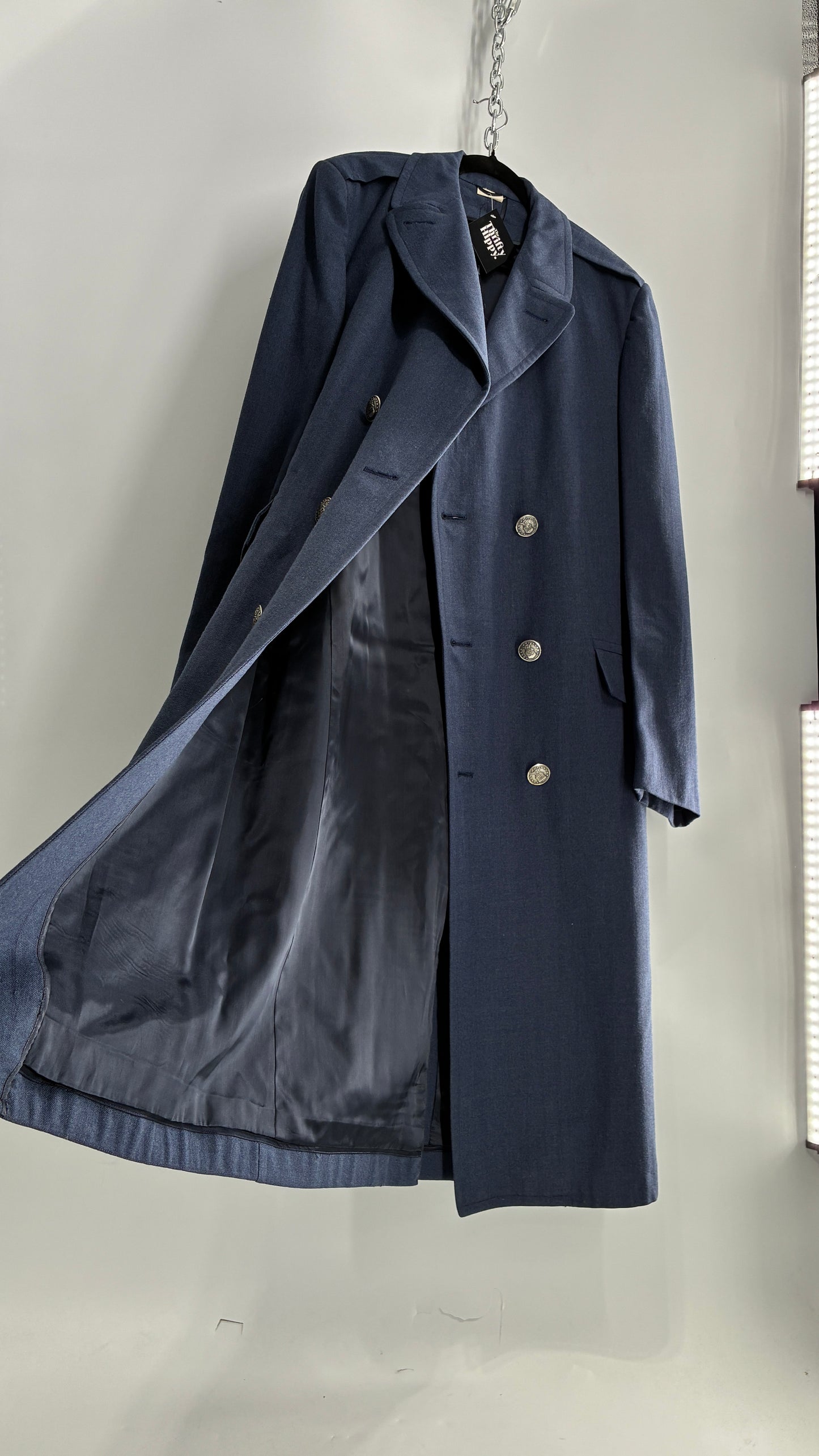Vintage Military Style Navy Blue Woven Heavy Duty Long Coat