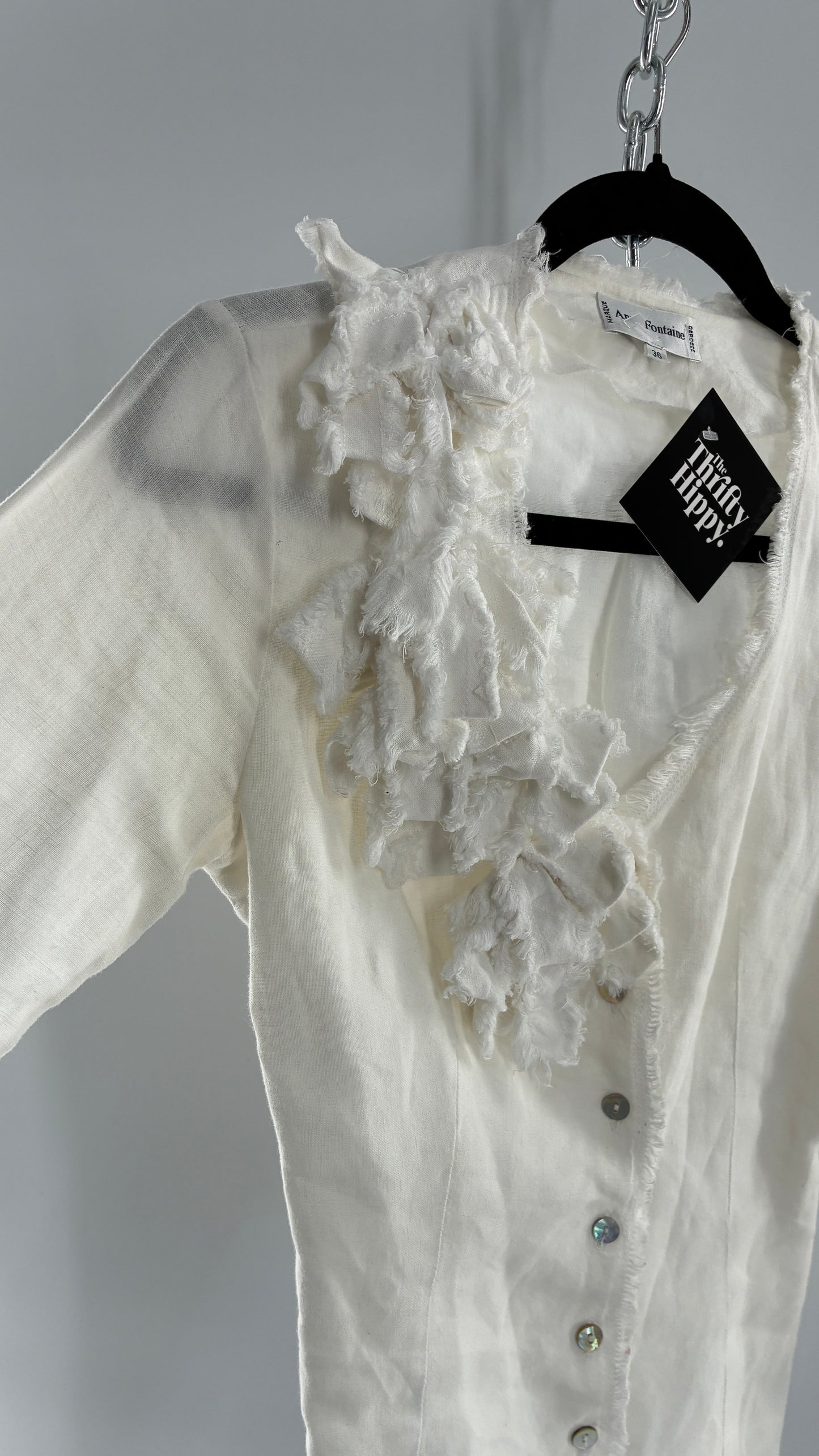 Vintage ANNE FONTAINE Off White Linen Woven Button Up Blouse with Back Corseting, Pearlescent Shell Buttons, and Rosette Details (36)