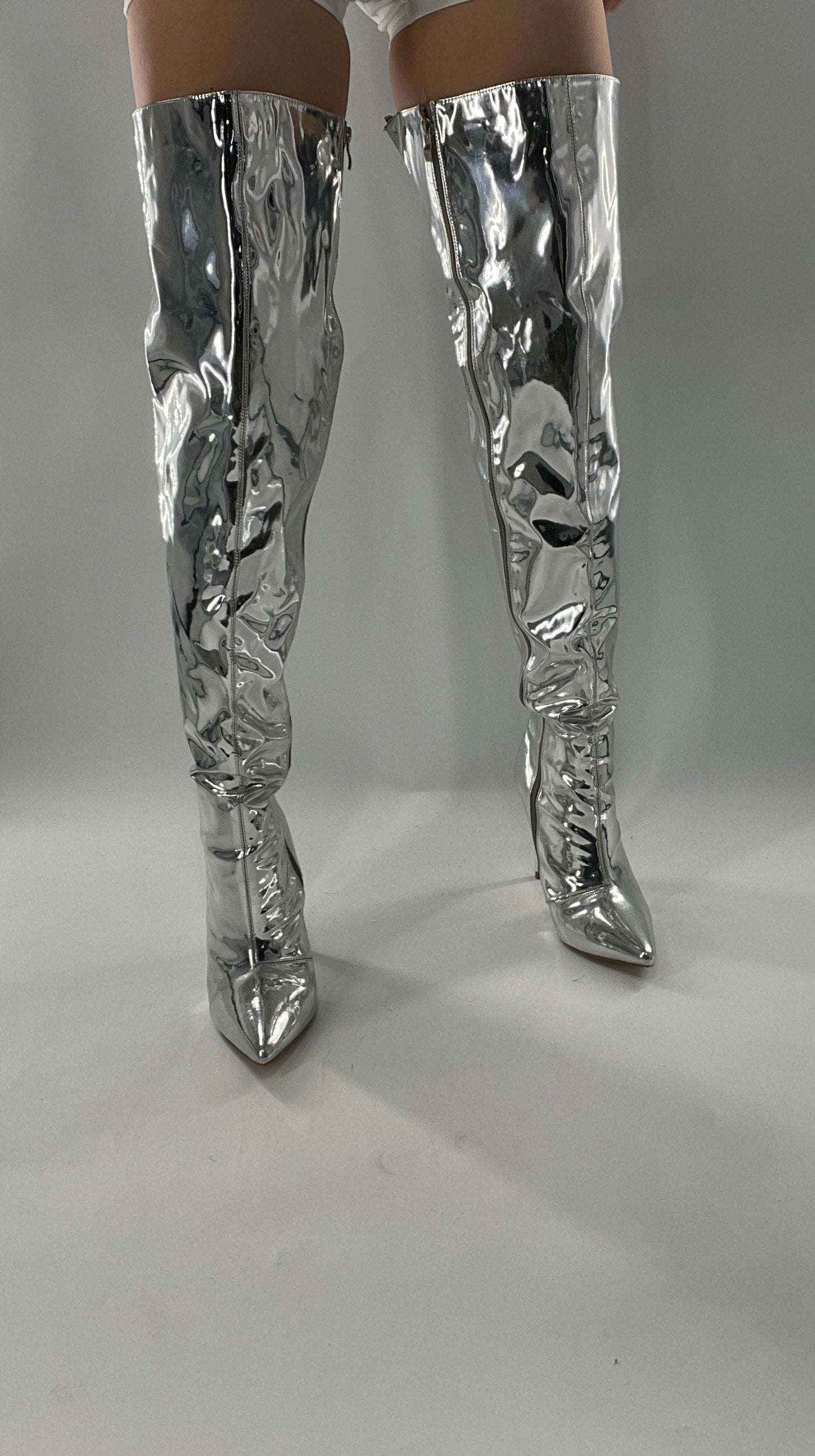 Vintage Chrome Platinum Mirrored Thigh High Molten Metal Sky High Boots Space Cadet/Concert (7)