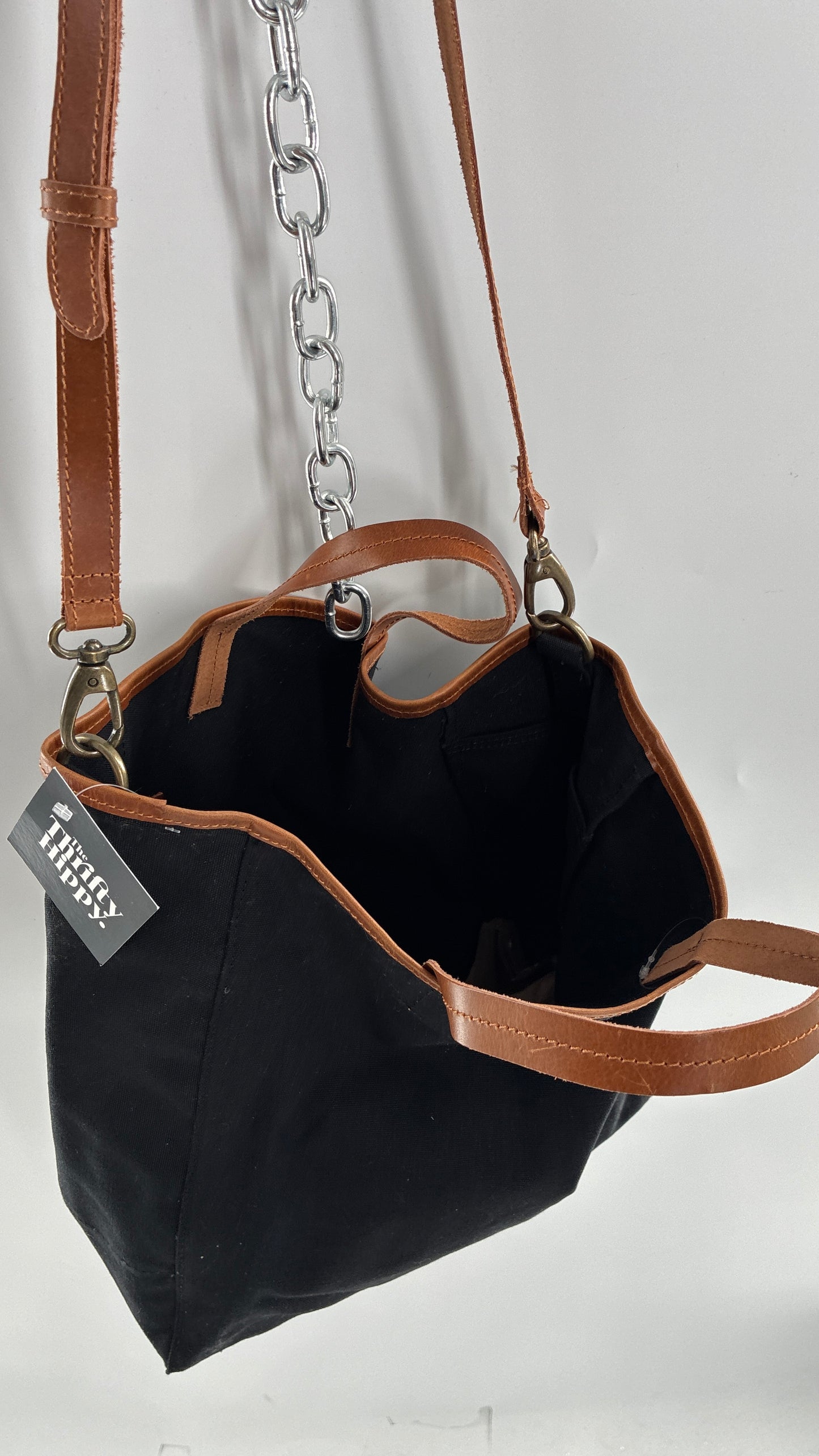 Urban Outfitters Large Black Cotton Tote Bag with Inner Pockets, Genuine Leather Lining and Straps