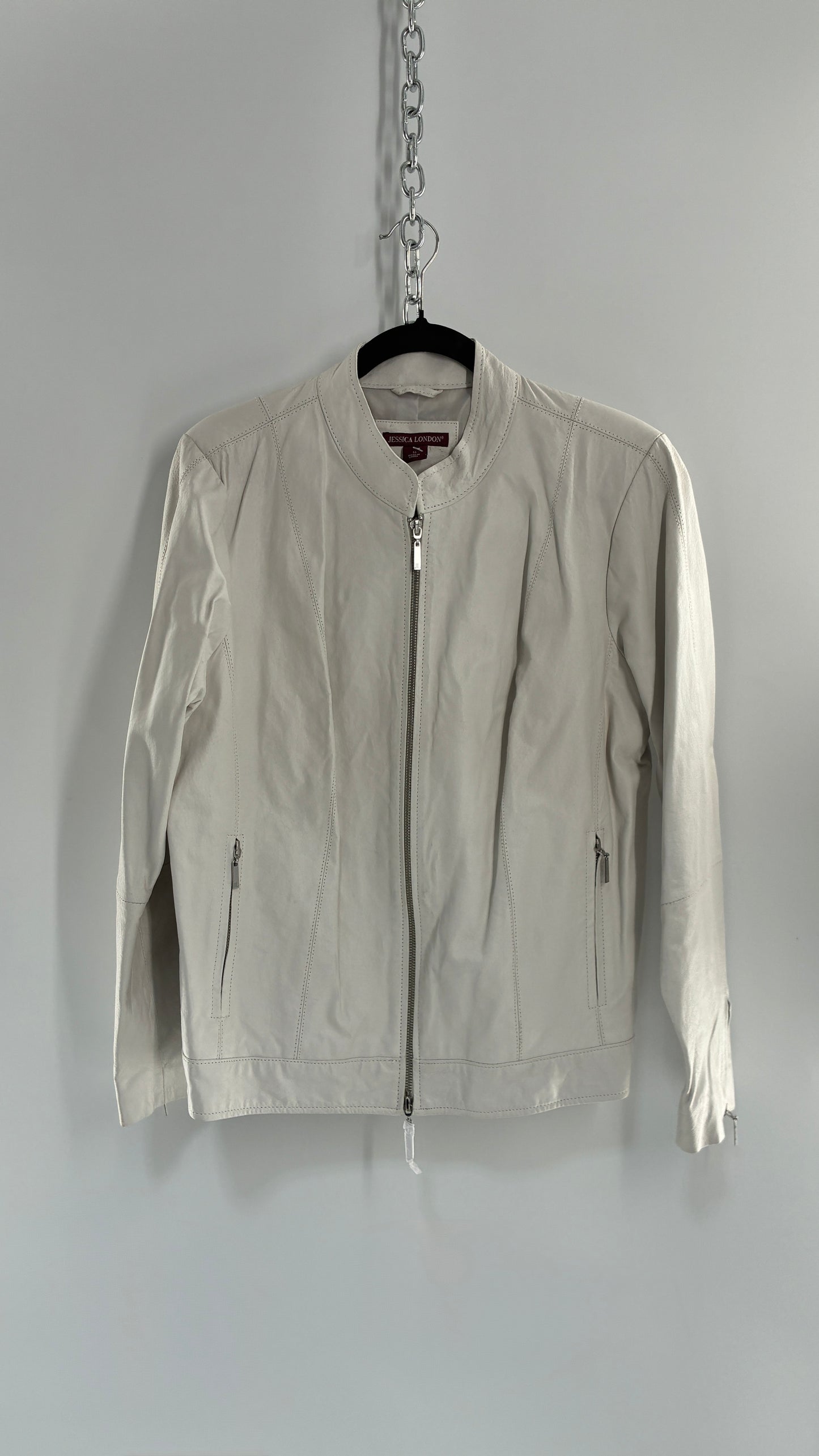 Deadstock Vintage JESSICA LONDON White Genuine Leather Paneled Motorcycle Jacket (16)