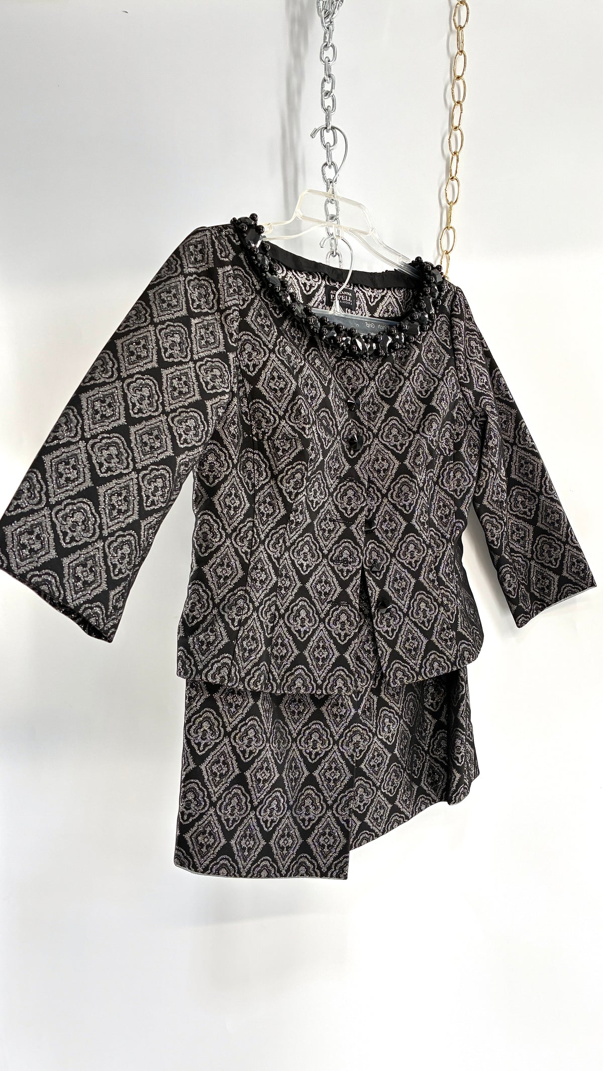 Vintage ADRIANNA PAPPELL Set with Brocade Underlay, Black Mesh Overlay, Waist Snatch, and Mini Skirt (10,8)
