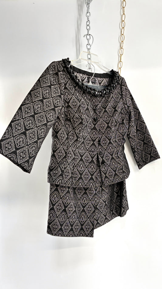 Vintage ADRIANNA PAPPELL Set with Brocade Underlay, Black Mesh Overlay, Waist Snatch, and Mini Skirt (10,8)