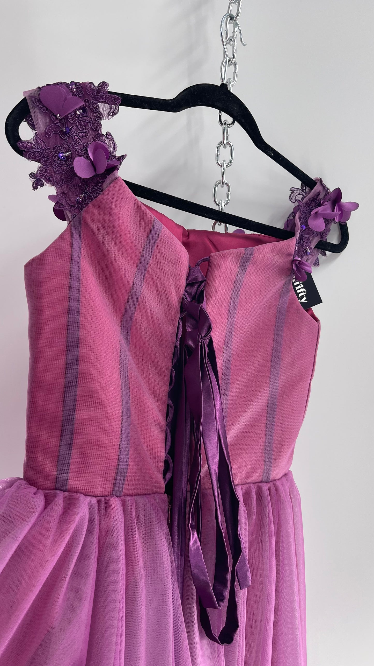 Vintage Handmade Corseted Fairy Dress with Flower Purple Pink Petals and Boning (Medium)