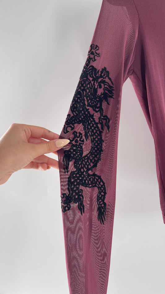 Vintage FANG Burgundy Mesh Dragon Felt Embroidery Sleeve
