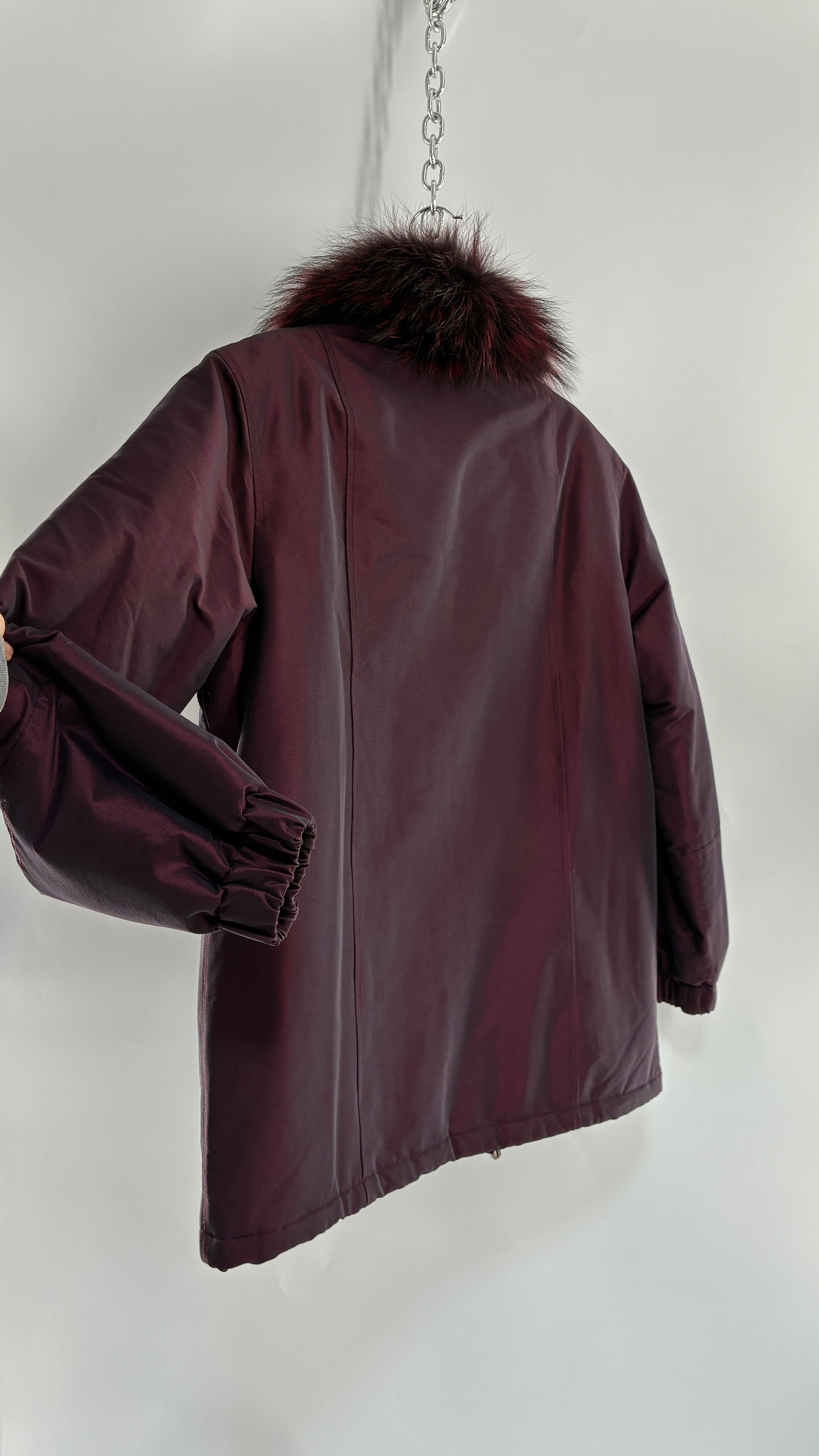 Vintage FLEET STREET Metallic Iridescent Purple Jacket with Exaggerated Genuine Fur Collar (Medium)