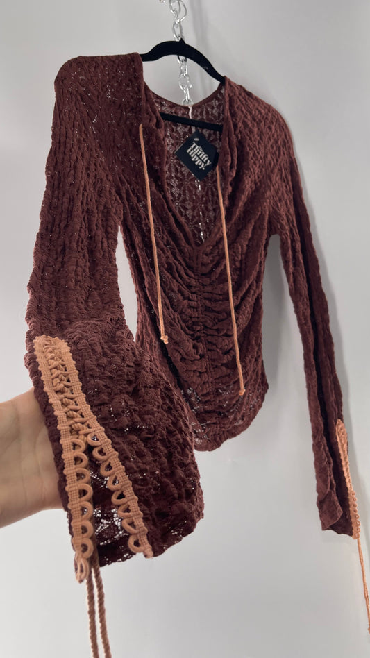 Free People Burgundy Lace Long Sleeve with Pink Lace Up Sleeve Detail (Medium)