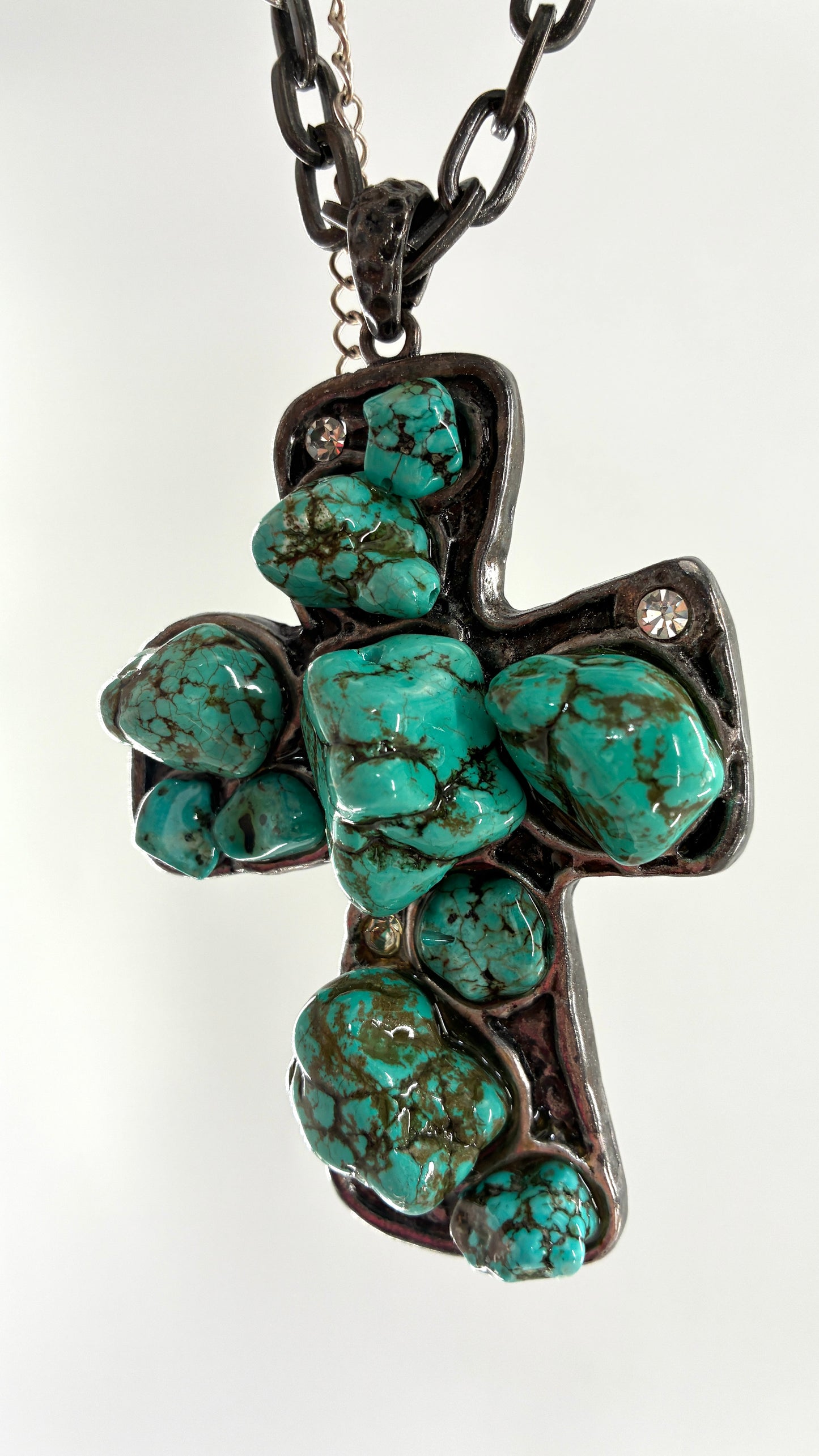 Vintage Heavy Metal Cross Necklace with Soldered Turquoise Stones and Rhinestones