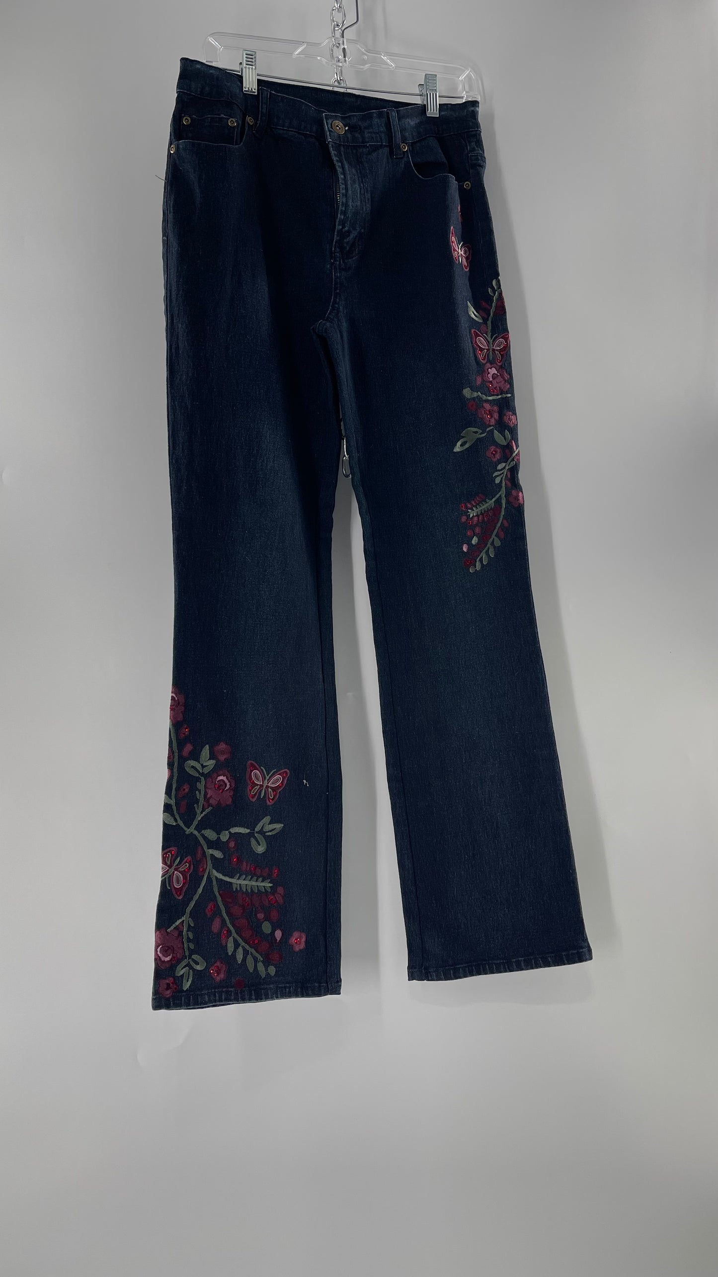 Diane Gilman Dark Wash Embroidered Embellished Butterfly Kickflare Jeans (8)