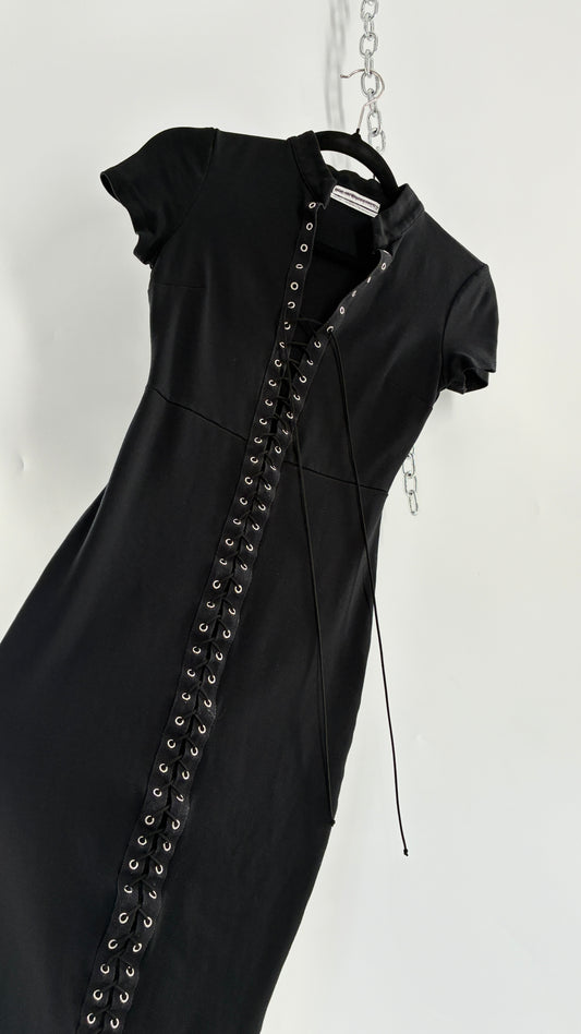 Urban Outfitters Black Midi Bodycon Dress with Tie Up Front and Vented Hem (XS)