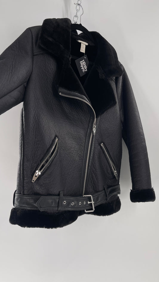 H&M (C) Black Faux Leather Moto Jacket with Faux Fur Lining (10)