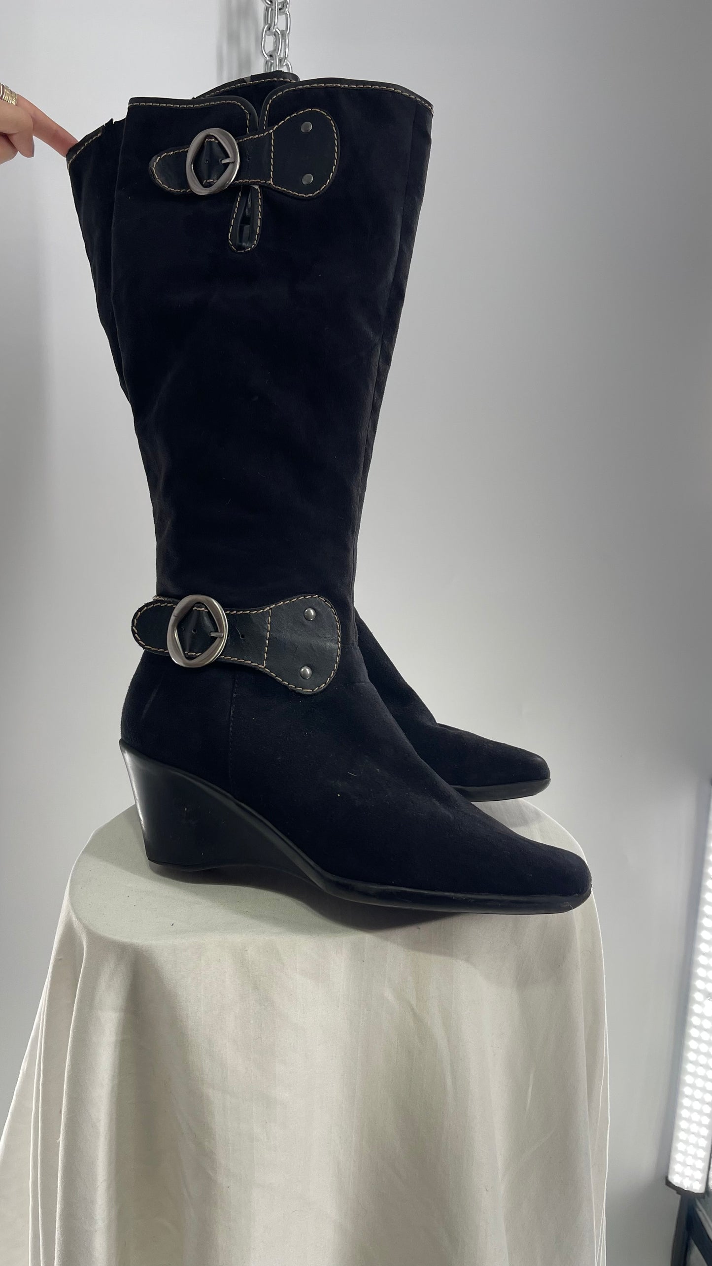 Vintage BASS Black Suede Wedge Heel Knee High Boot with Buckle Details (10)