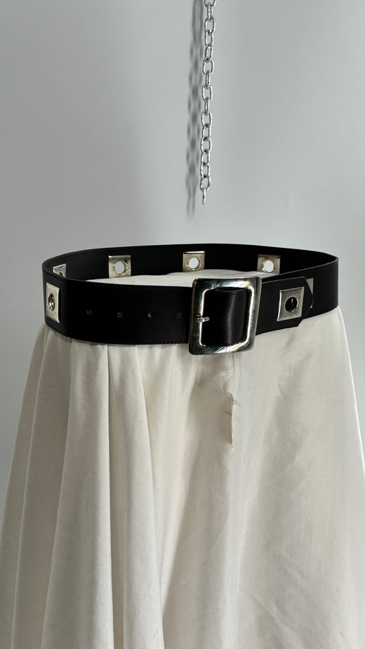 BANANA REPUBLIC Black Thick Leather Belt with Heavy Metal Details, Exaggerated Buckle, and Tags Attached (Small)