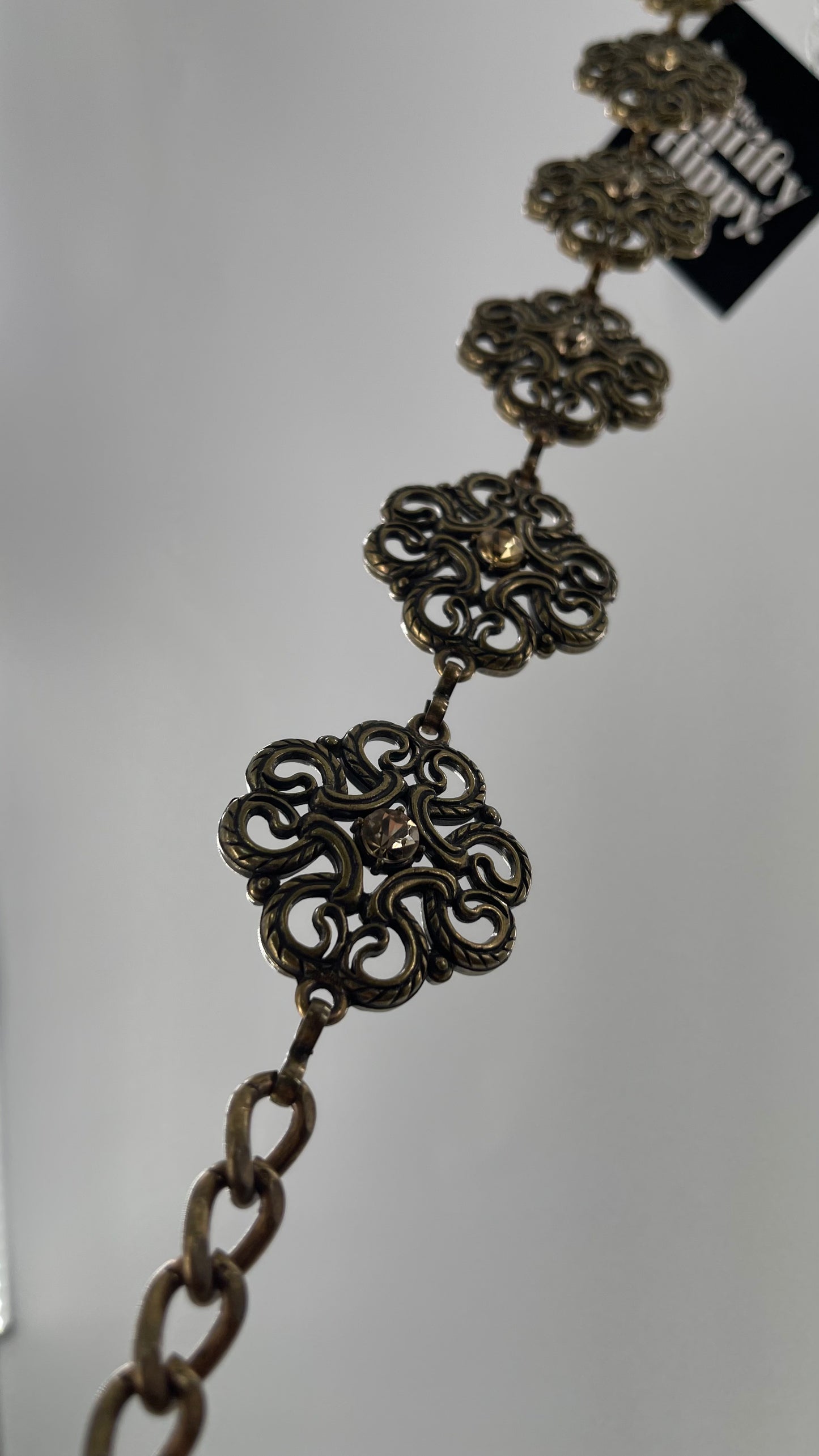 Vintage Gold/Bronze Metal Chain Belt with Rhinestone Embellishments (S/M)