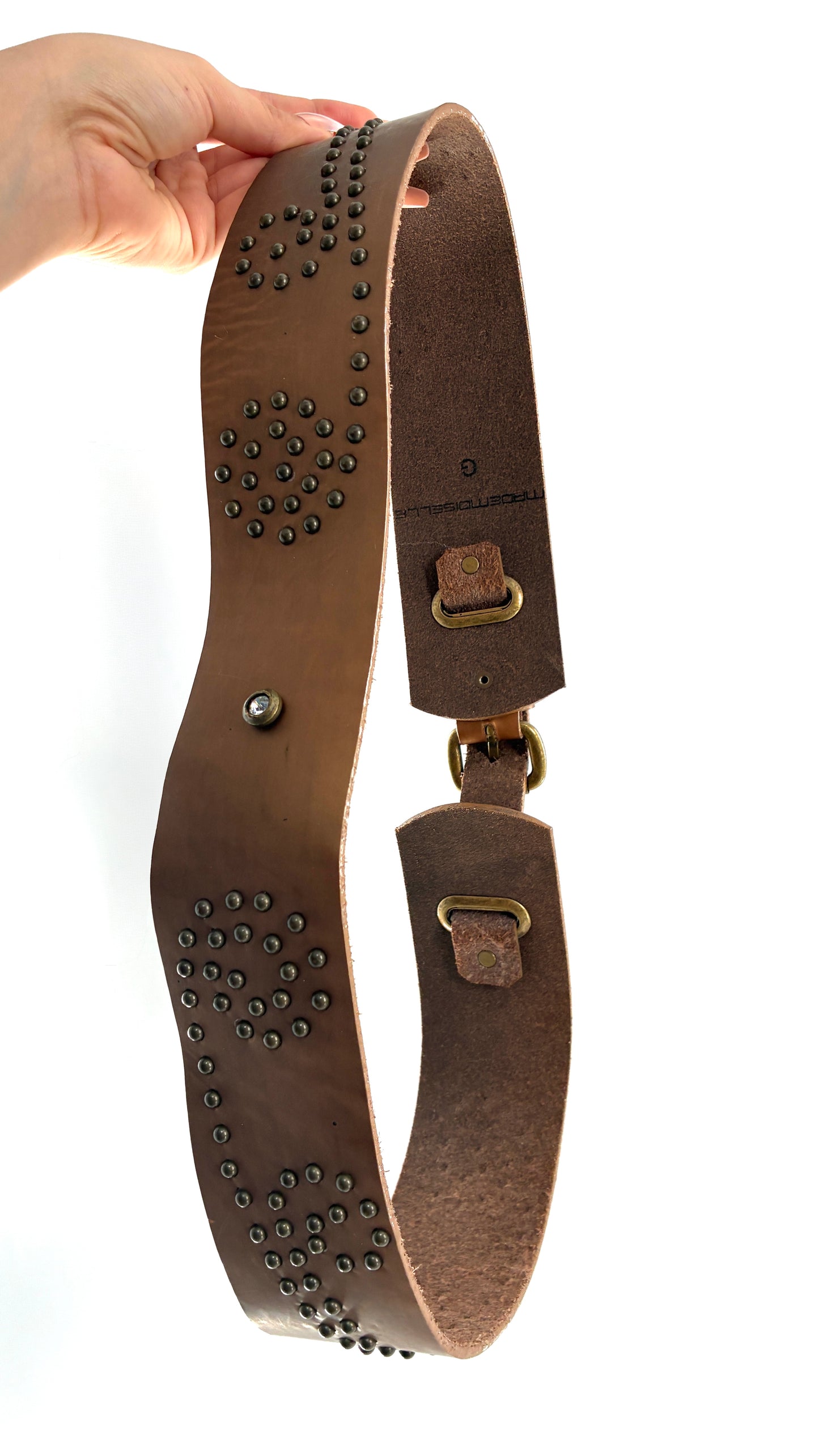 Vintage MADEMOISELLE Bronze Leather Thick Belt with Studded Rhinestone Details (L)