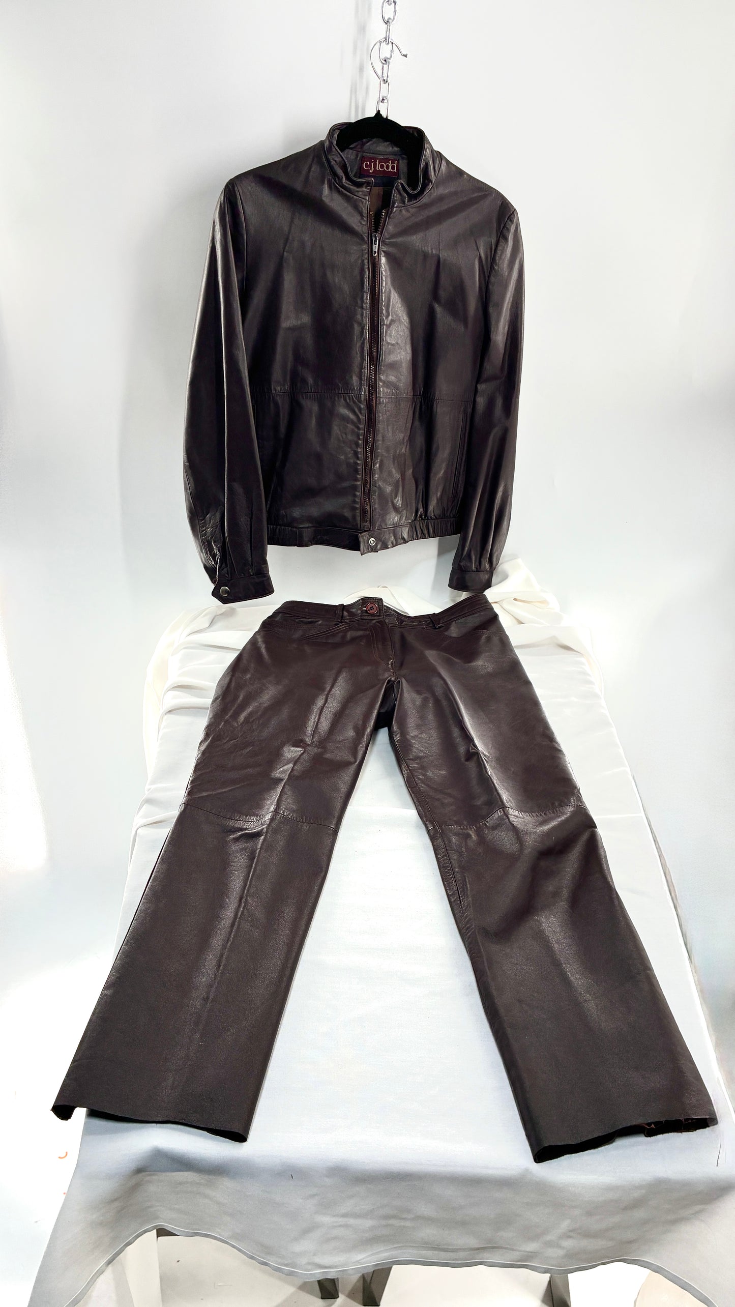 Vintage JORDACHE X CJ TODD Chocolate Brown Genuine Leather Trouser Moto Jacket Set (Small)