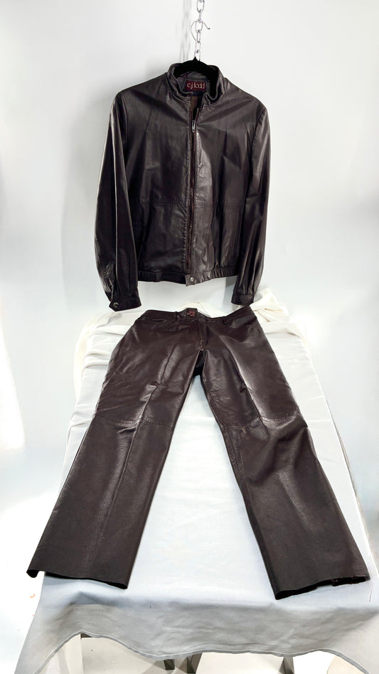 Vintage JORDACHE X CJ TODD Chocolate Brown Genuine Leather Trouser Moto Jacket Set (Small)