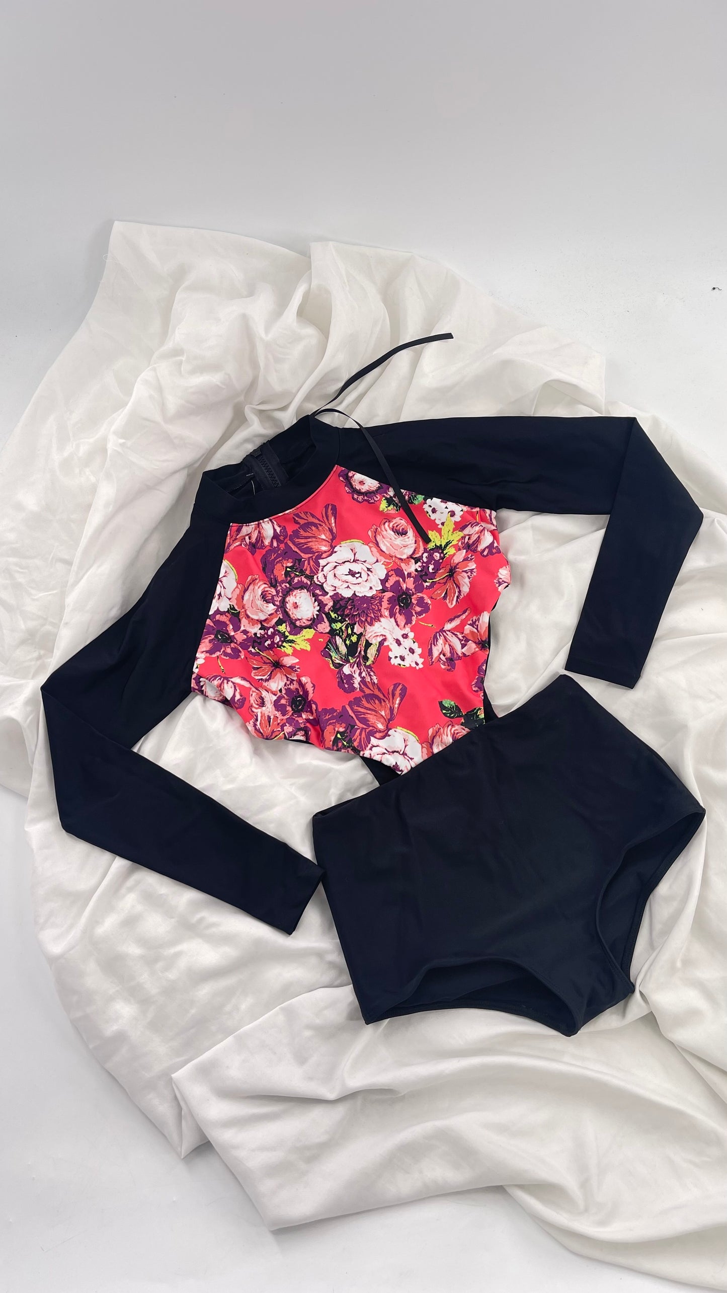 BEACH RIOT x Free People Black Long Sleeve Swimsuit with Hot Pink Floral Torso and Cut Outs (XS)