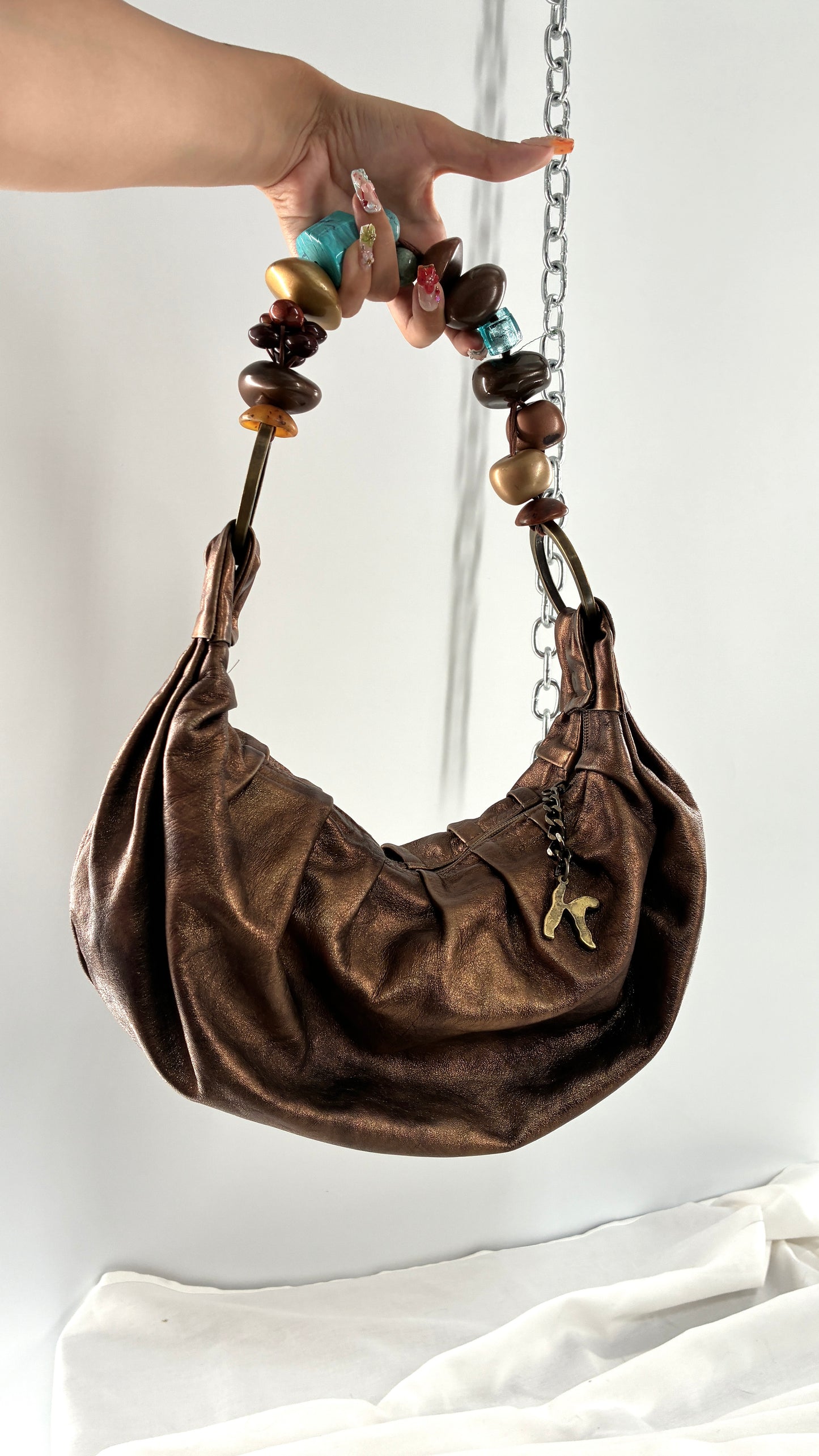 Vintage KARKABA  Metallic Bronze Leather Bag with Exaggerated Beaded Handles