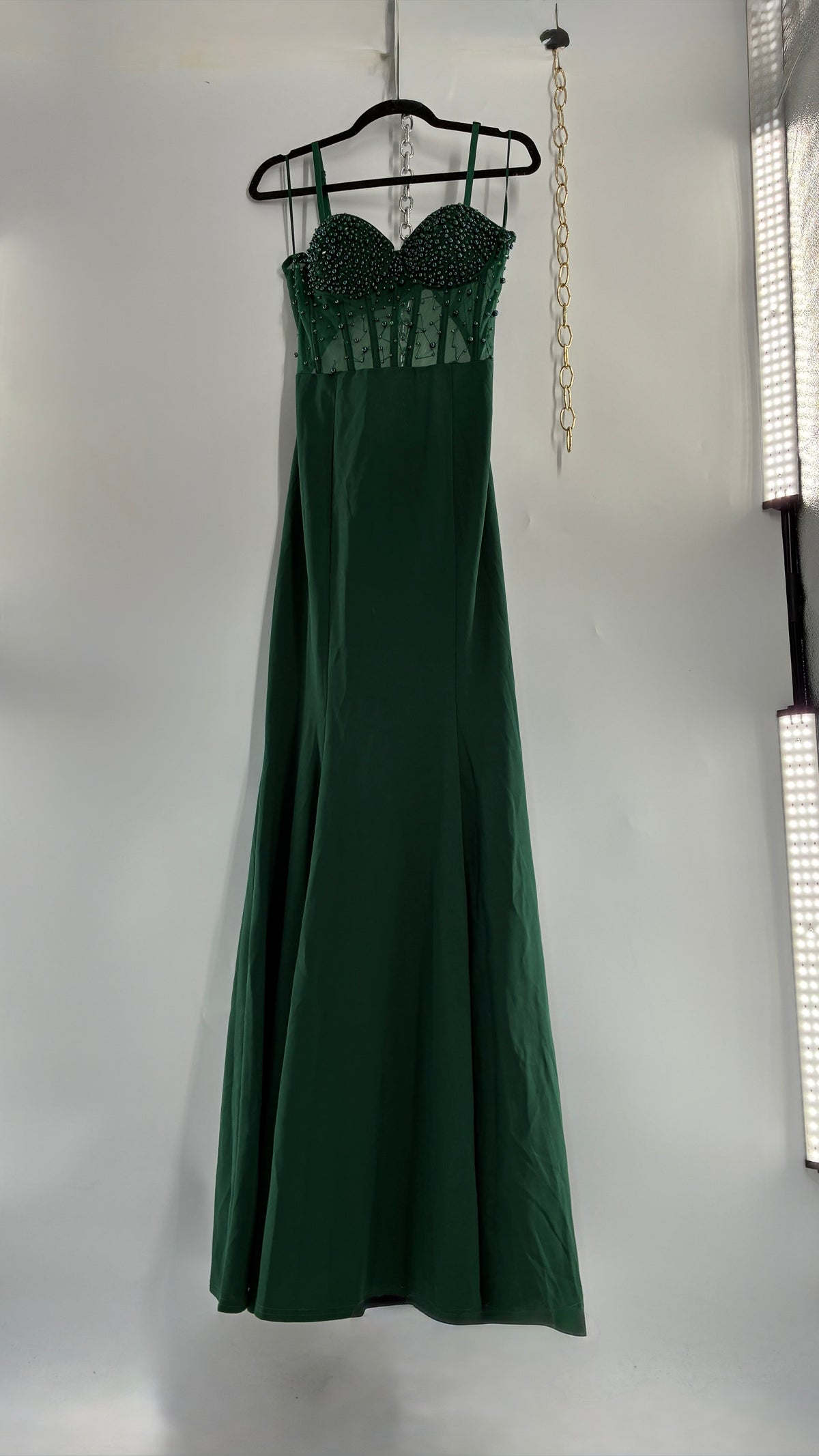 WINDSOR Green Backless Gown with Beaded Corset, Thigh Slit, and Tags Attached (Large)