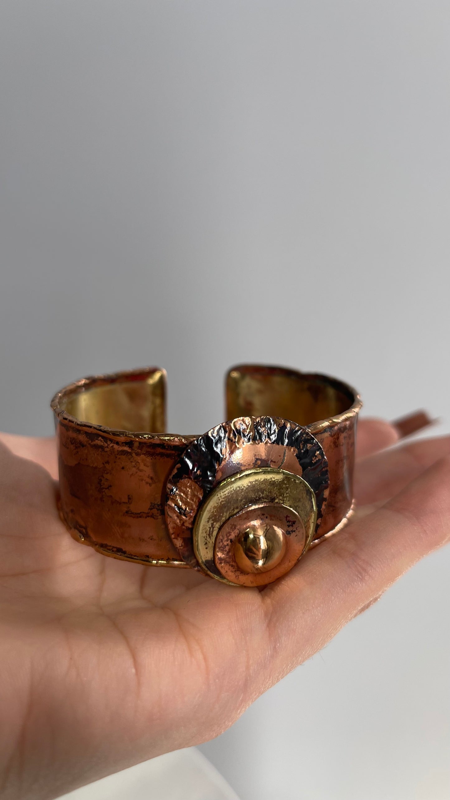 Vintage B536 Brutalist Sculptural Brass Copper Bracelet Cuff