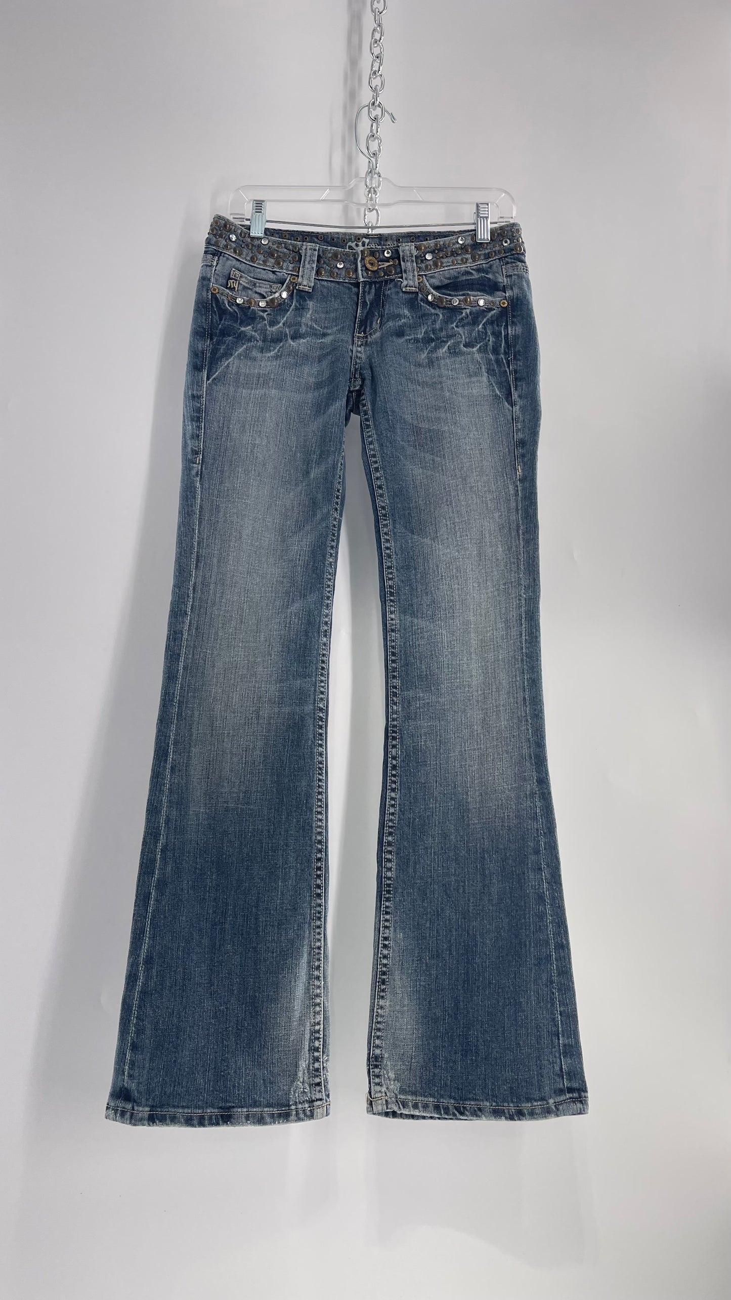 Vintage Miss Me Grainy Stone Wash Kick Flares with Studded Low Waist and Back Pockets (26)