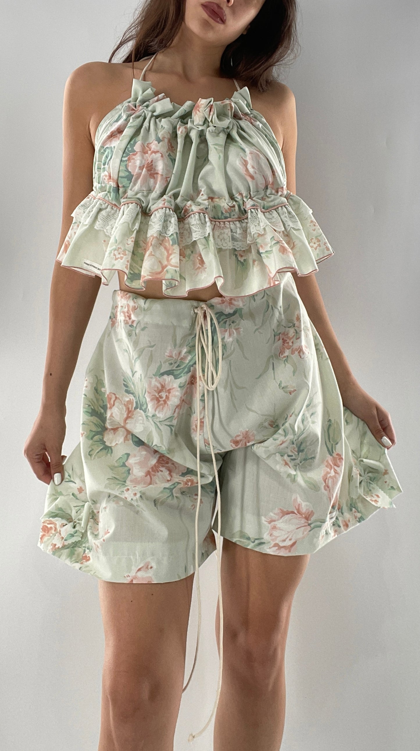 Vintage 2 Piece Bloomers and Babydoll Blouse Set Covered in Delicate Florals, Ruffles, Bows and Lace (One Size)