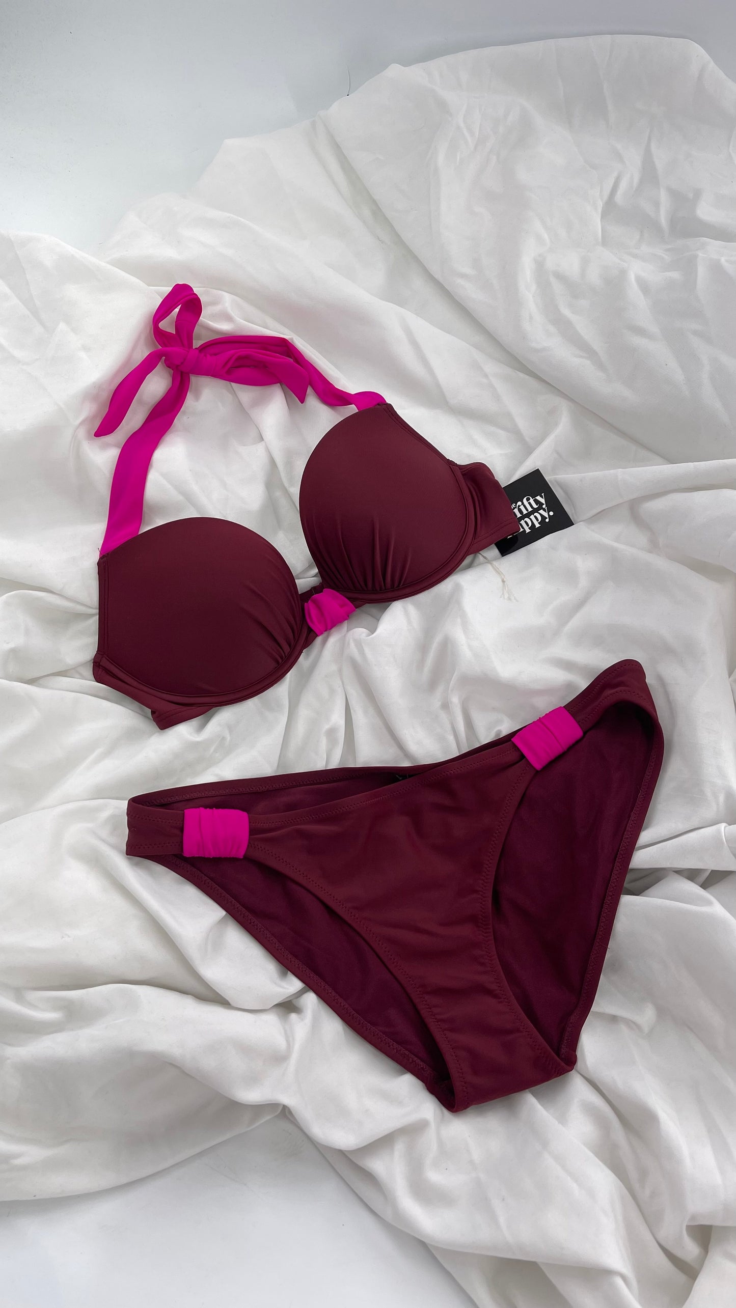 AERIE Burgundy Padded Underwire Swim Top Set with Fuchsia Details (36C/L Bottoms)