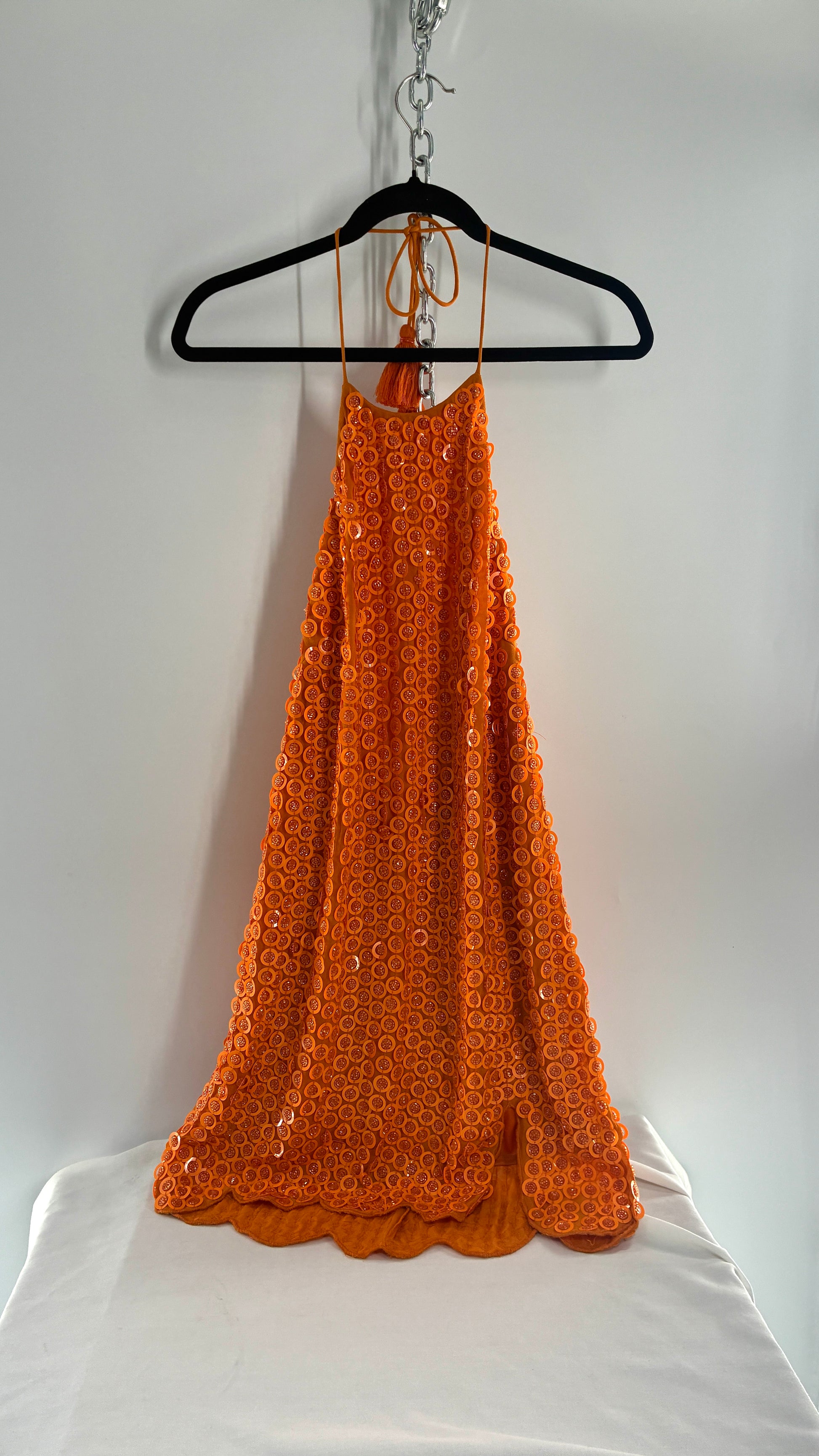 X by NBD Orange Backless Halter Mini Dress with Scalloped Hem, Covered – The Thrifty Hippy